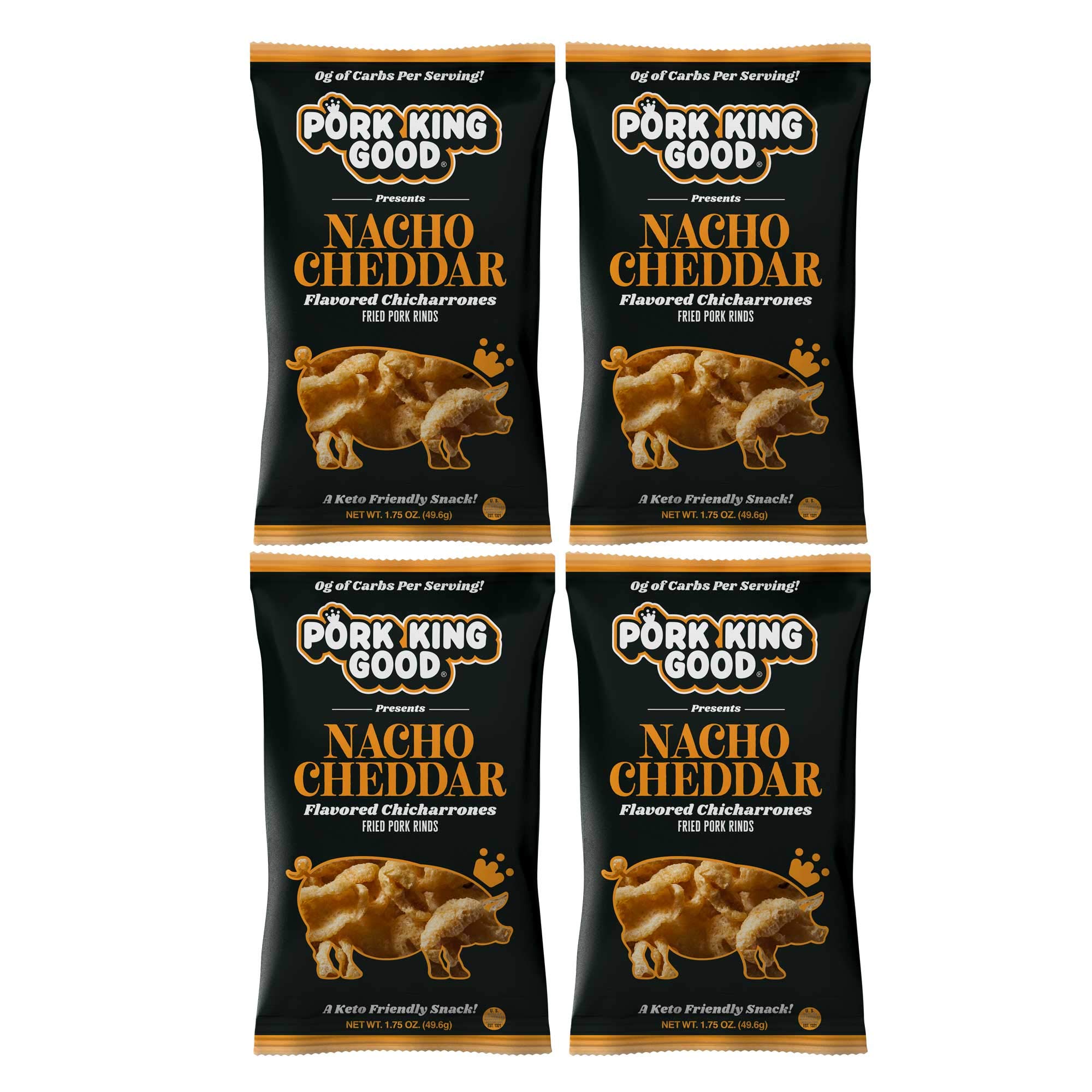 Pork King Good Nacho Cheddar Pork Rinds (Chicharrones) - 4 Pack Keto Snacks - Low Carb, High Protein Crunchy Treat for Parties, Keto Diet & On-the-Go Snacking
