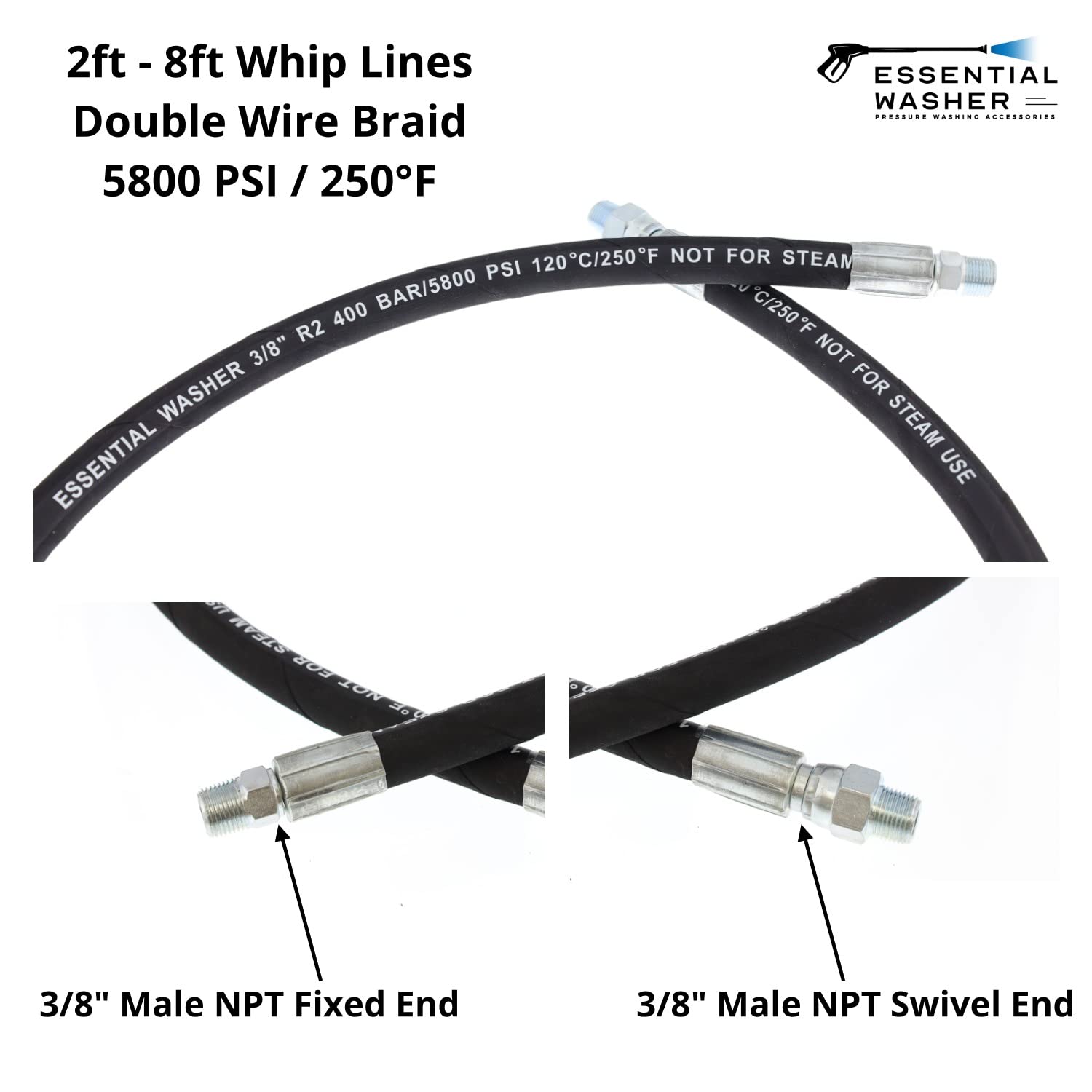 ESSENTIAL WASHER Heavy Duty 3/8 Pressure Washer Whip Line Hose Connector for Hose Reel - 5800 PSI, 4 Feet (Also Available in Various Lengths) - Perfect for Car Washing, Deck Cleaning & Driveway Pressure Washing