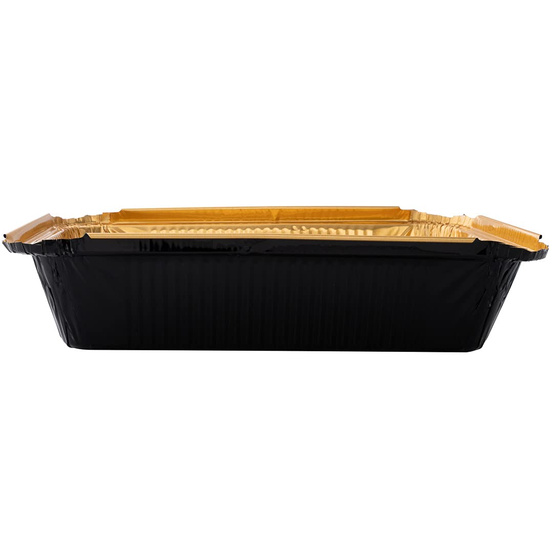 **Restaurantware Foil Lux 41 oz Heavy-Duty Aluminum Takeout Containers - 200 Recyclable Rectangle Black & Gold Foil Pans for Large Meals, Sides, Catering & Freezer Storage**
