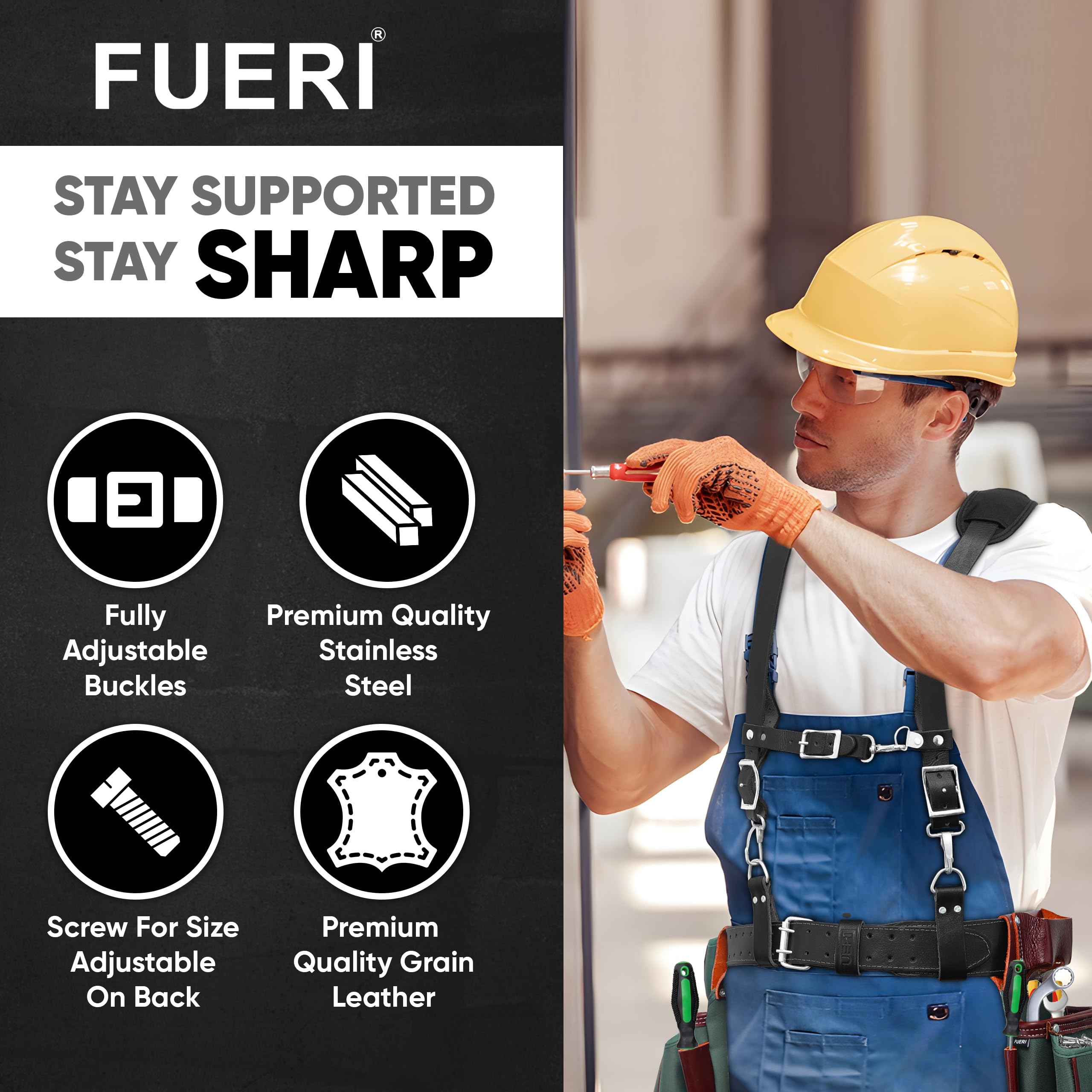 FUERI Tool Belt Suspenders with 4 Detachable D-Loops - Adjustable Work Suspenders for Construction Tool Belts | Heavy Duty Support for Carpenters, Electricians & DIY Projects