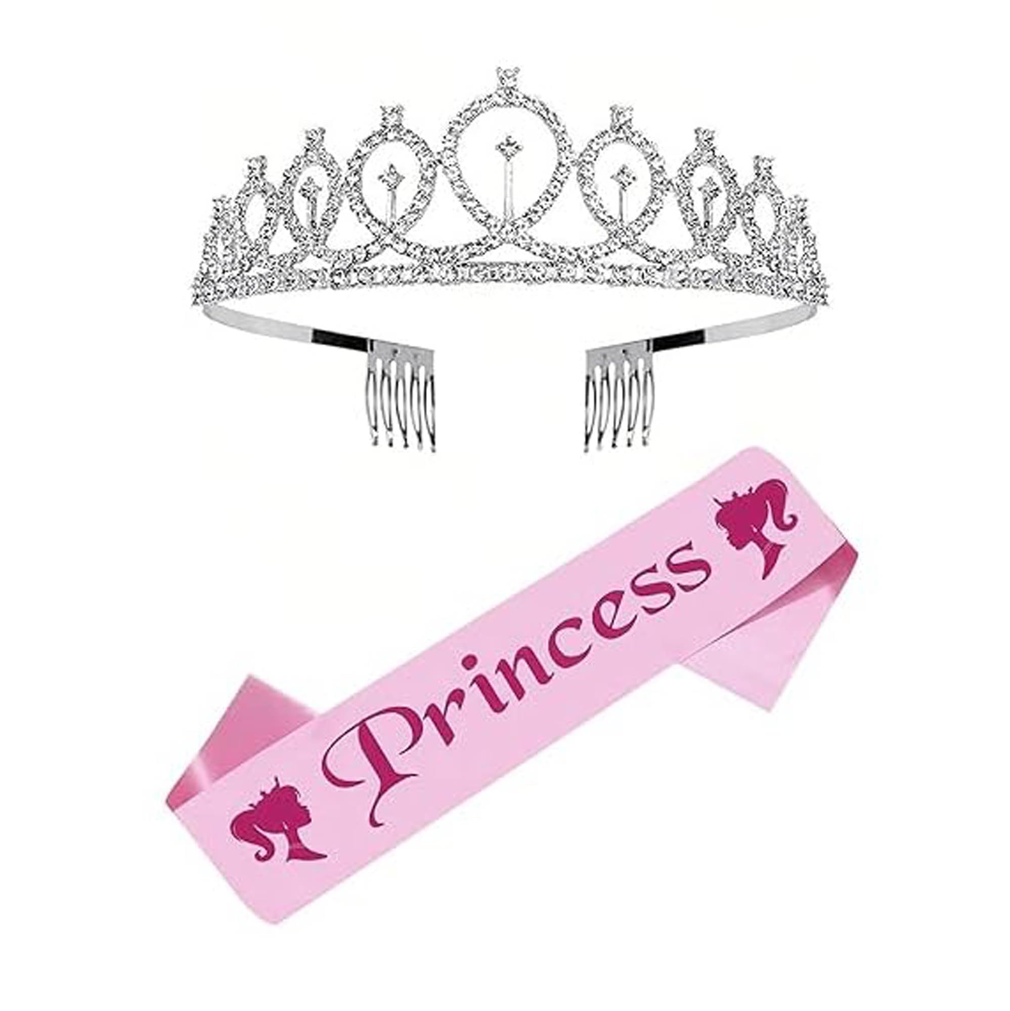 Princess Sash & Crown Set for Birthday Party - Girls Birthday Accessories Combo Kit (White) | Perfect for Birthday Celebrations, Dress-Up Play & Photo Shoots