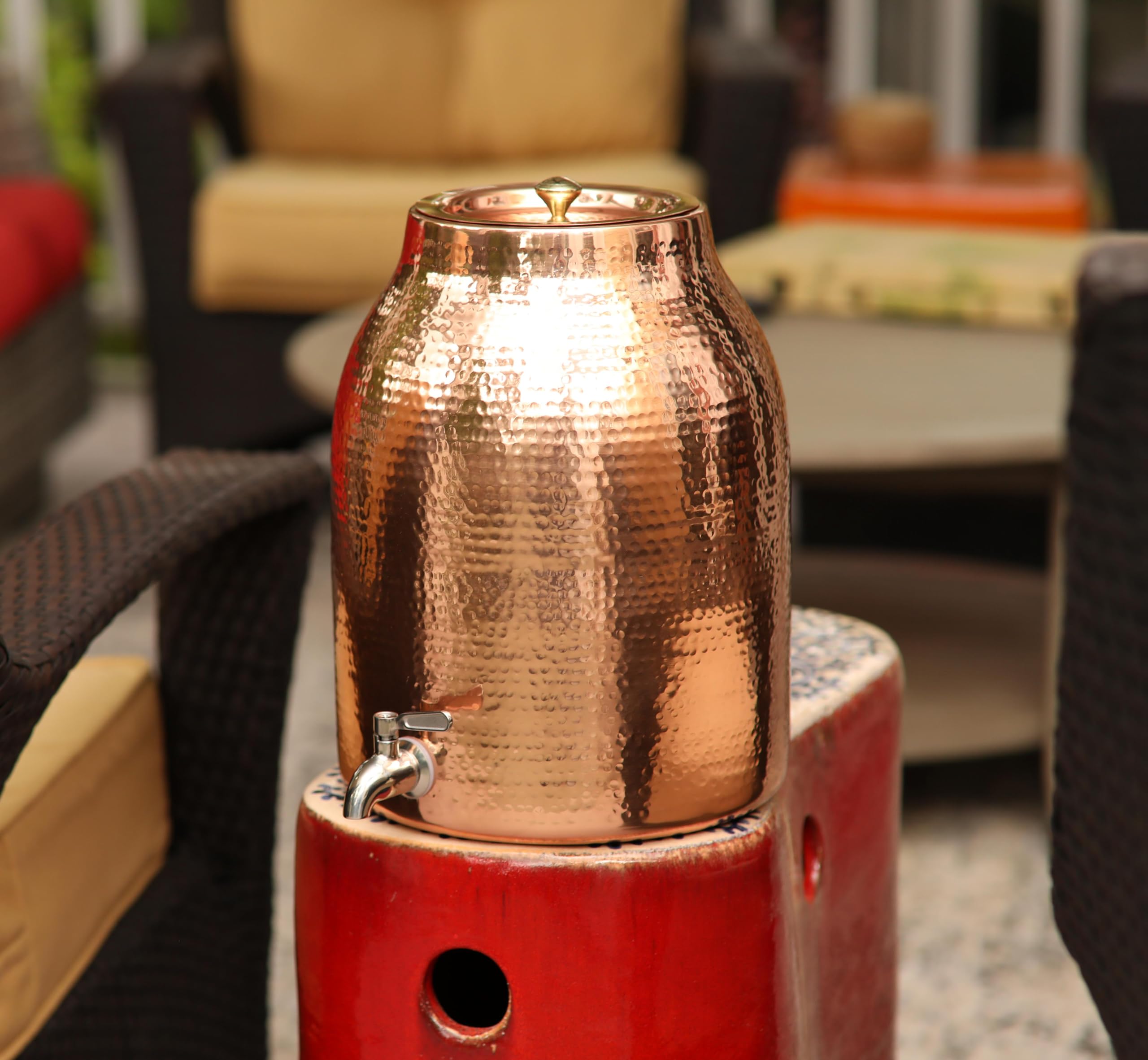 Handcrafted 100% Pure Copper Water Dispenser with Lid - 3.5 Gallon XL Capacity | Heavy Gauge Raw Copper Interior for Ayurvedic Health Benefits | Leak-Proof Stainless Steel Spigot | Perfect for Home, Office & Yoga Studio Hydration