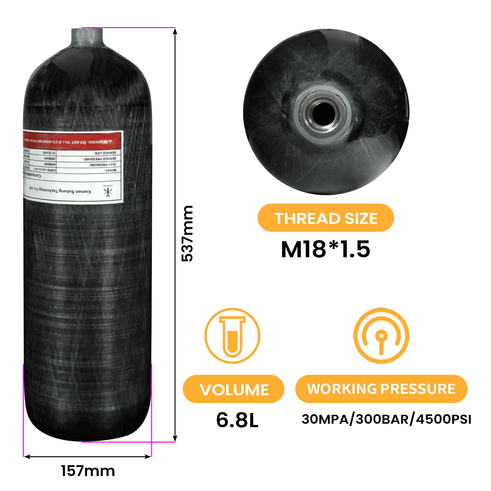 TUXING 4500psi 6.8L Carbon Fiber PCP Air Tank with Adjustable Regulator & Pressure Gauge - Perfect for Paintball, Scuba Diving, and Air Rifle Shooting