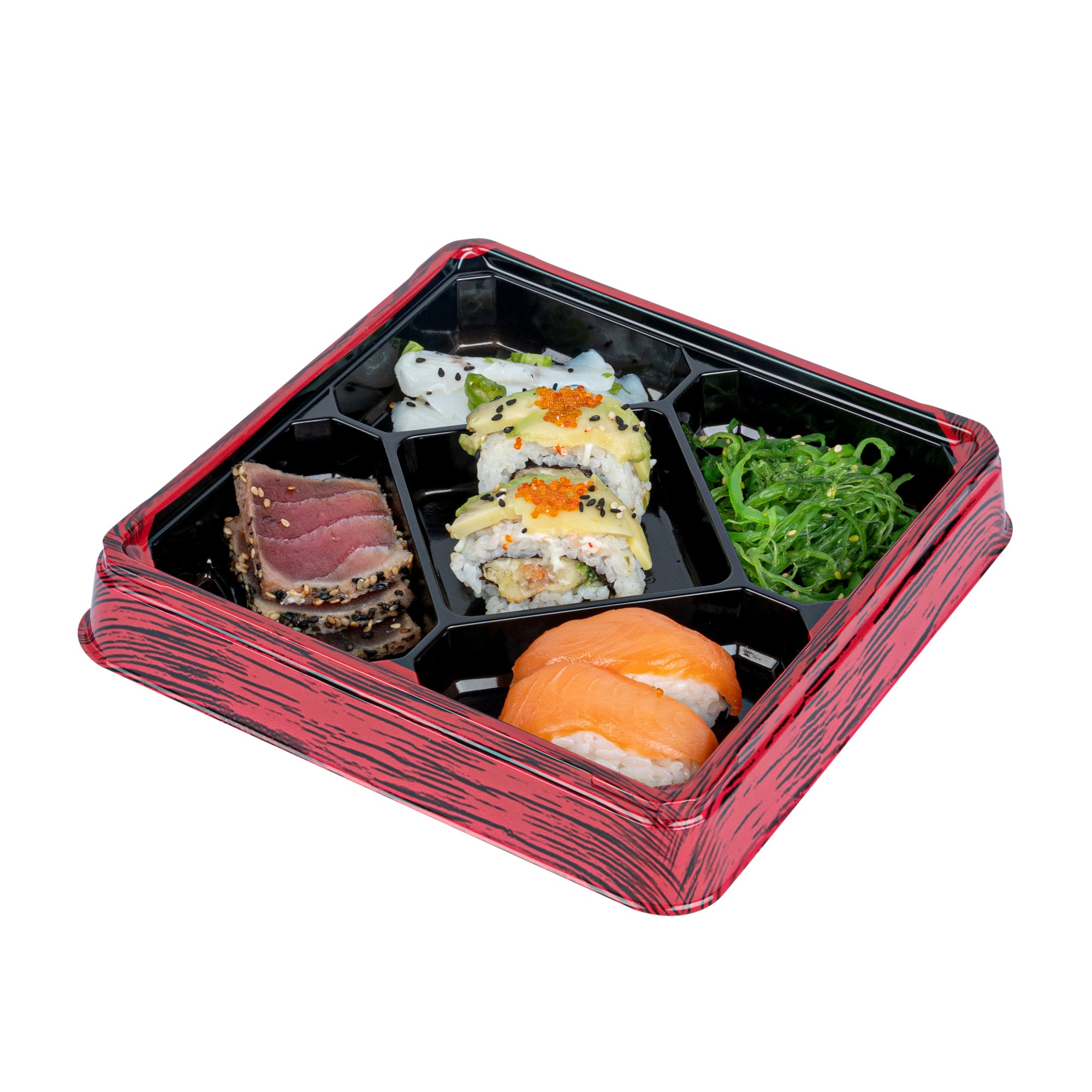 Bento Tek 19 oz Square Red and Black Plastic Bento Box with 5 Compartments | 8.5