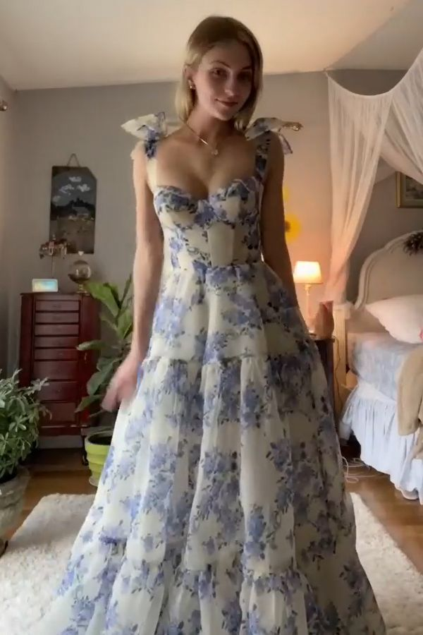 Floral Chiffon A-Line Long Prom Dresses for Women - Elegant Formal Gown for Homecoming, Wedding, and Special Occasions