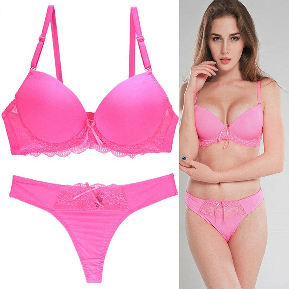 Women's Plunge Bra & Panty Lingerie Set - Sexy Lace Lined Underwire Push Up Bra with Matching Thong - Perfect for Date Night & Special Occasions