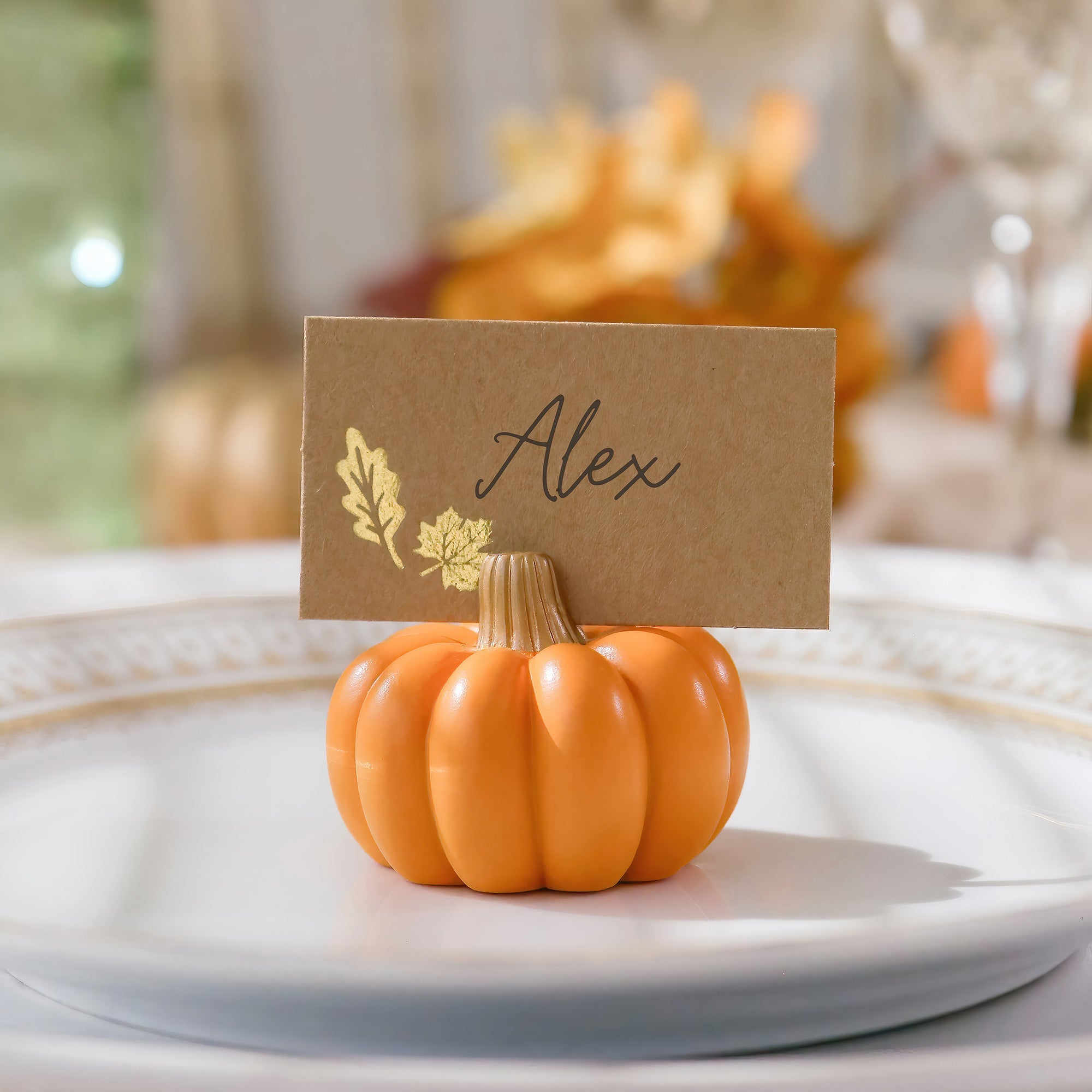 Orange Pumpkin Place Card Holders - Set of 6 Elegant Fall Table Decorations for Thanksgiving, Halloween, and Autumn Dinner Parties