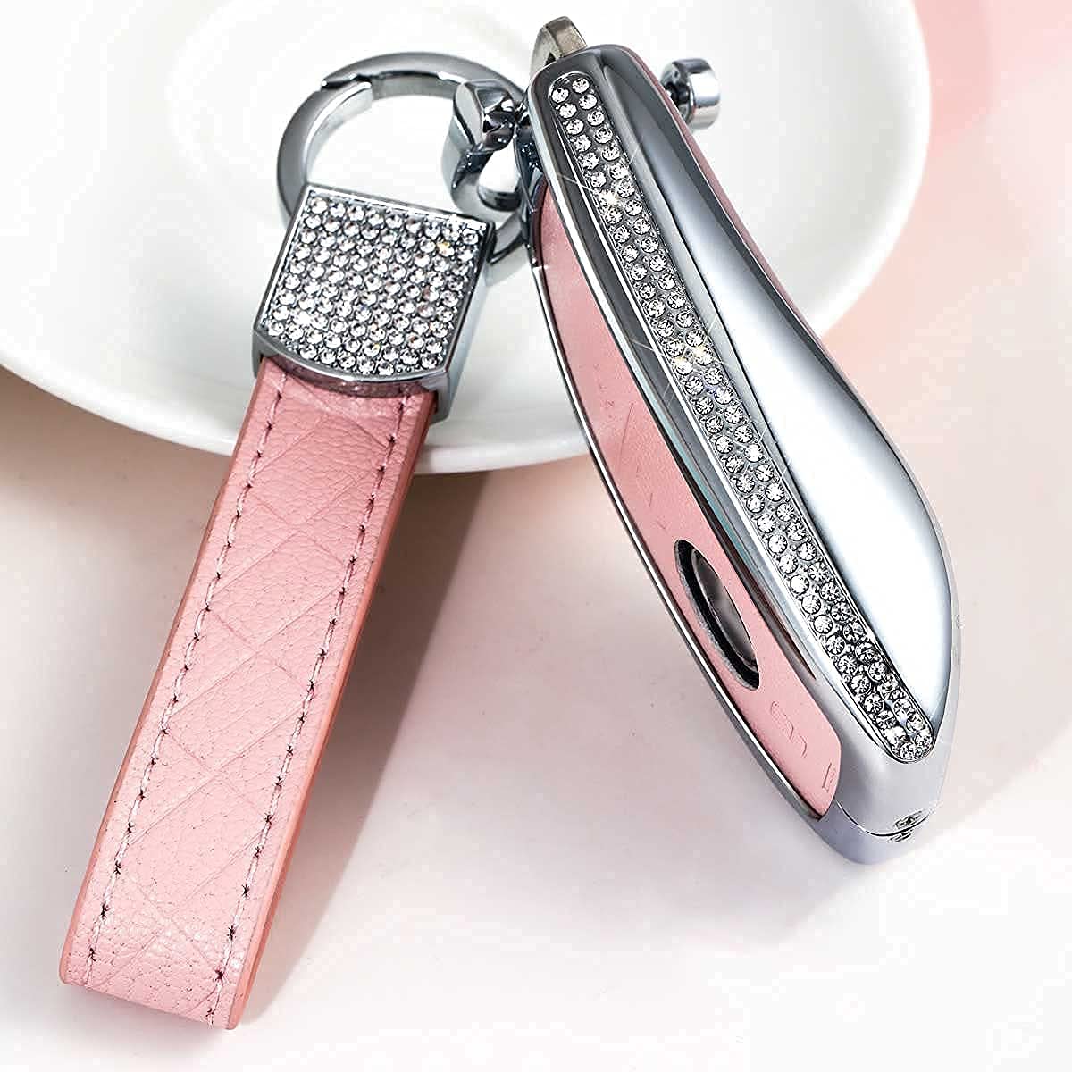 **Mercedes Benz Key Fob Cover - Bling Crystal Leather Keychain for A/C/E/G/S Class, CLA/CLS/GLA/GLC/GLE/GLS/GLK/GT/SLK/SL - Stylish & Protective (Pink) | Perfect for Everyday Use & Gift Giving**