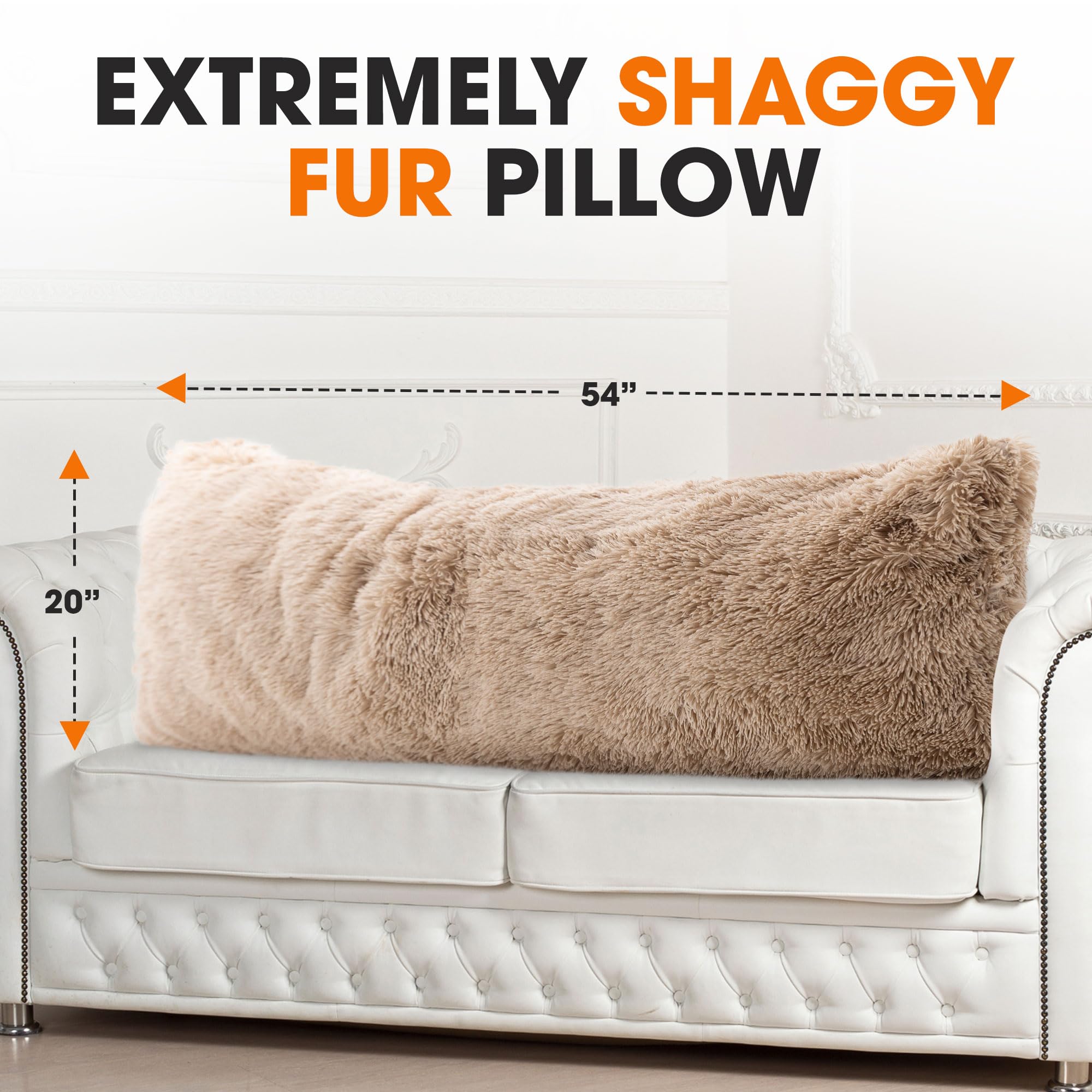 Cheer Collection Long Body Pillow - Ultra Soft Fuzzy Pillow for Side Sleepers, Couch & Bed - 20x54 Inches with Shaggy Cover (Taupe) | Perfect for Back Support, Pregnancy Comfort & Home Decor