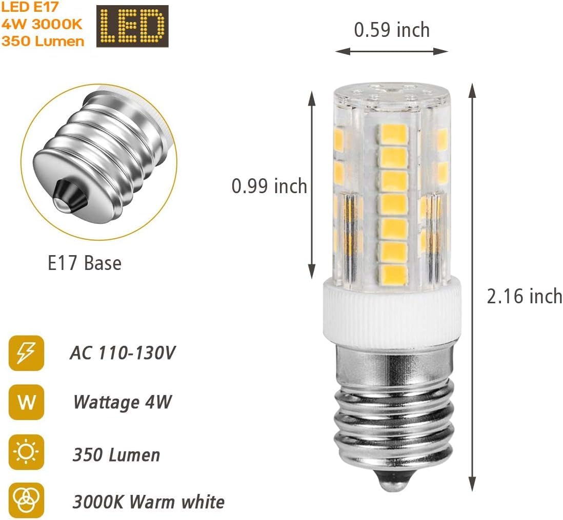 3-Pack E17 LED Bulbs for Microwave Oven - 4W (40W-50W Halogen Equivalent), Warm White 3000K, 350LM, Non-Dimmable, 120V, Ceramic Base - Perfect for Microwave Oven Light Replacement & Appliance Repair