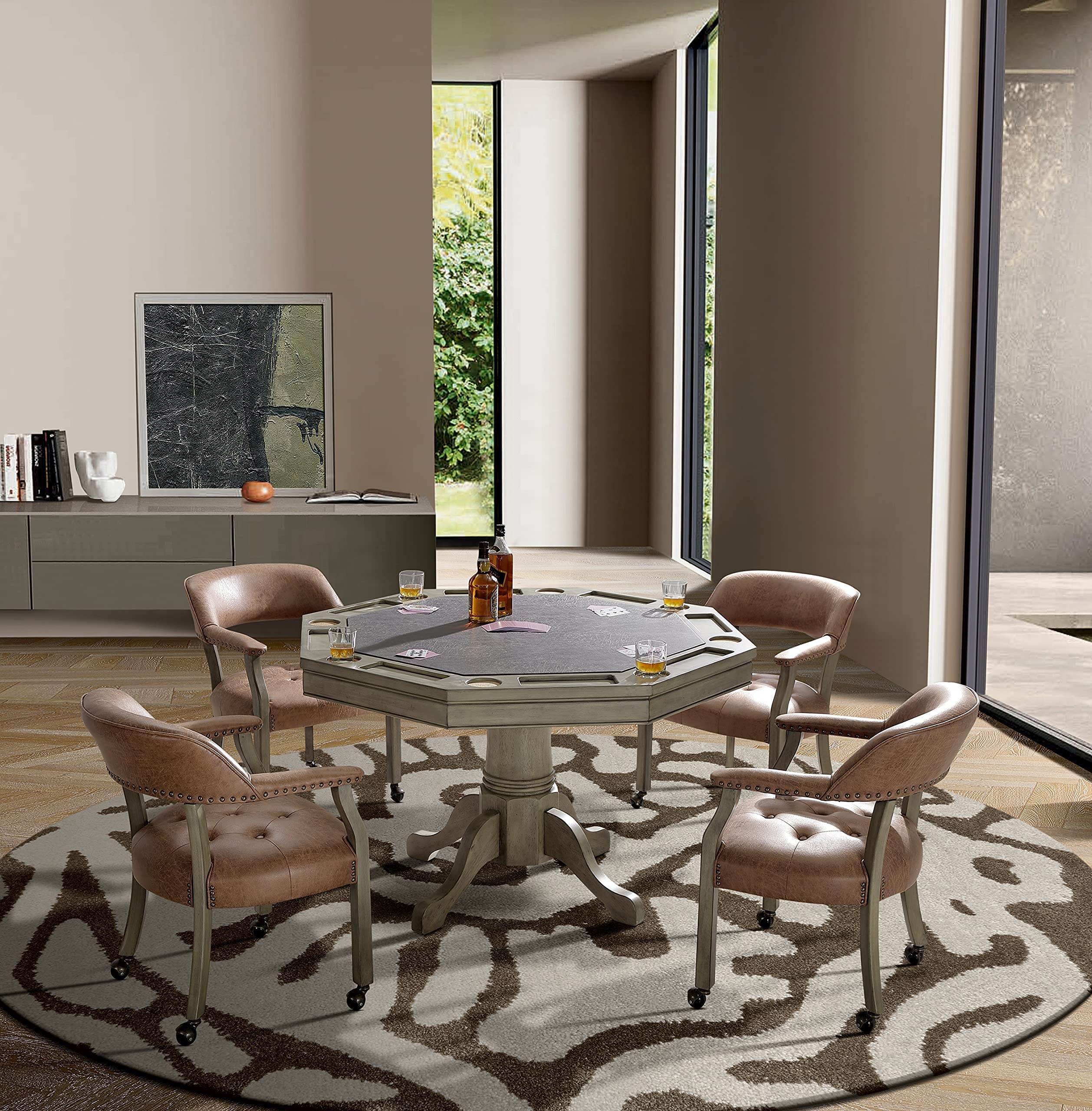LEEMTORIG Rolling Dining Chairs with Casters & Arms - Grey Legs & Yellowish Brown Wooden Captains Chairs for Kitchen Table, Poker Table, Office & Home Use - SY-1318-LT