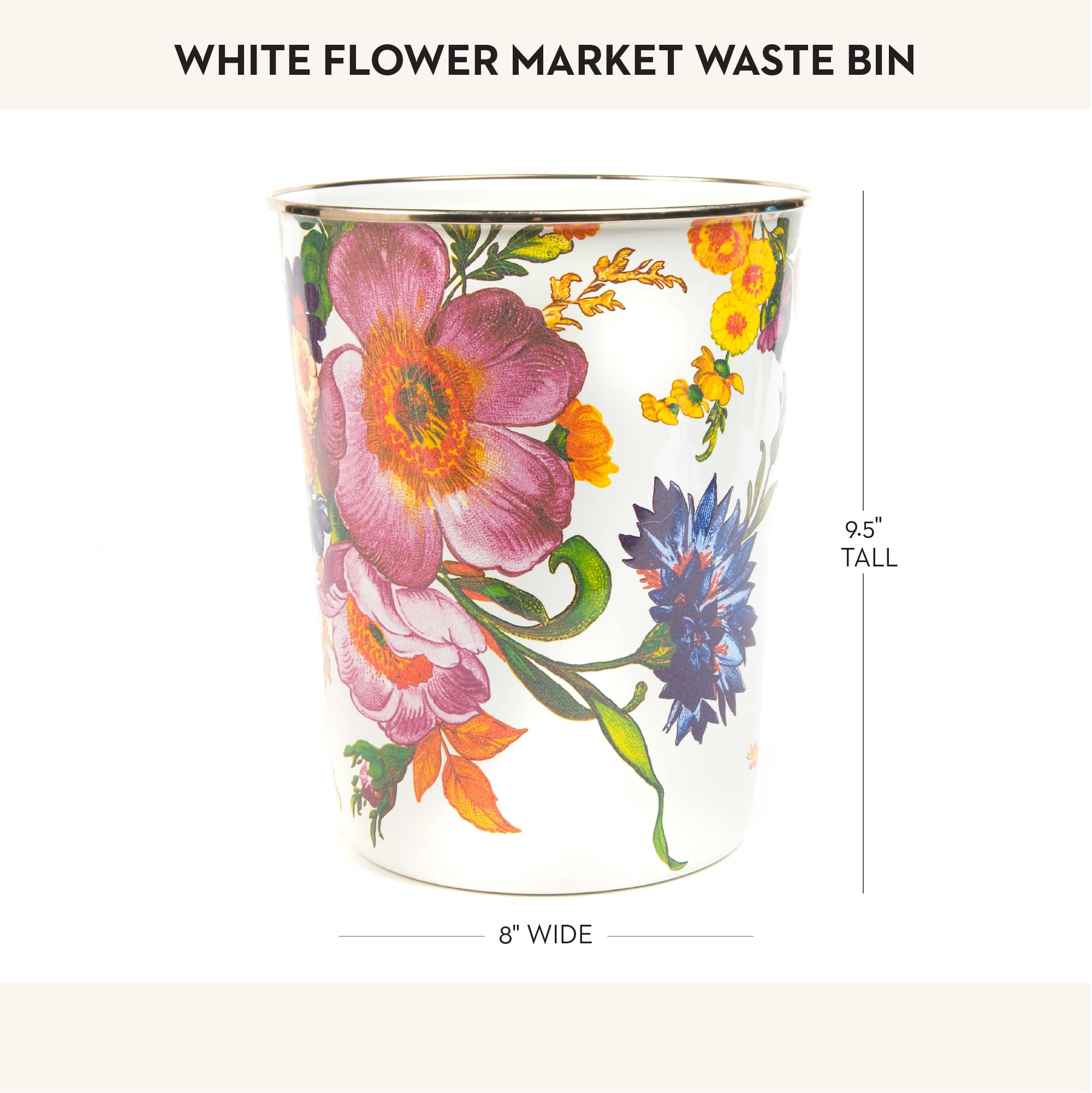 MACKENZIE-CHILDS White Floral Waste Bin - Elegant Bedroom & Bathroom Trash Can with Decorative Flower Design - Perfect for Home, Office, or Hotel Decor