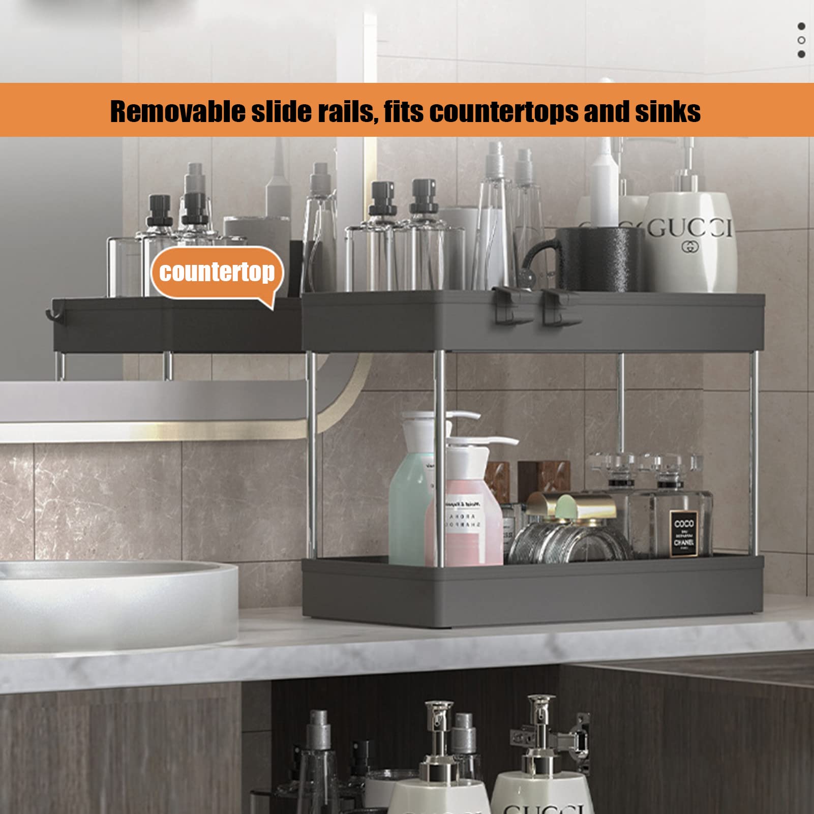 Sliding Rail Pull-Out Storage Organizer - Under Sink Cabinet Shelf with Hooks | 2-Tier Kitchen & Bathroom Storage Basket | Black Drain Rack for Countertop Organization (Includes Accessories) - Perfect for Small Space Organization & Clutter-Free Home