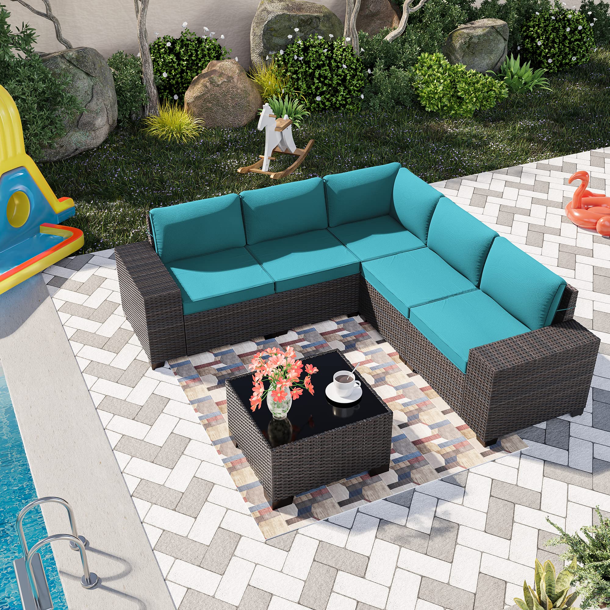 6-Piece Outdoor Patio Furniture Set - All-Weather PE Rattan Sectional Sofa with High Backrest, Coffee Table & Teal Cushions | Perfect for Backyard, Garden, Poolside & Patio Relaxation