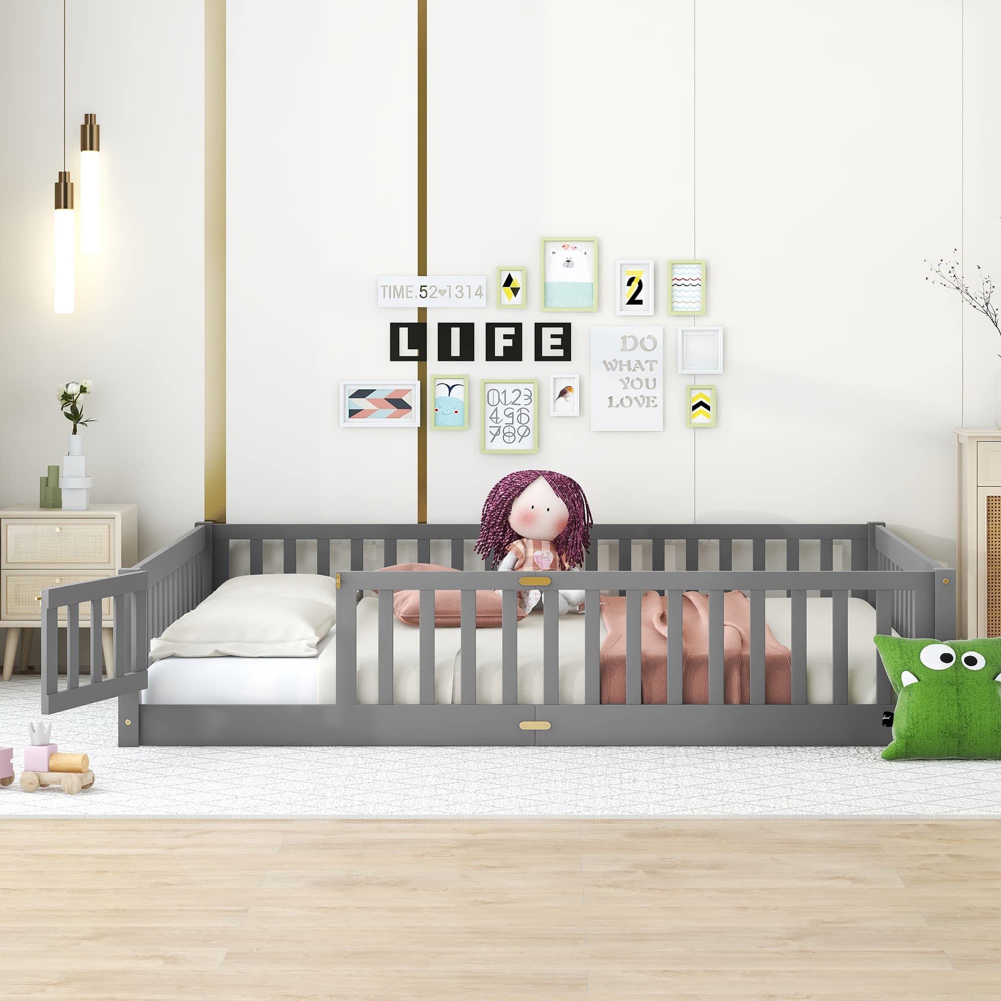 Queen Size Gray Wooden Floor Bed Frame with Safety Fence & 7 Slats - Sturdy Kids Bed for Toddler Room, Nursery, or Playroom - Low Profile Platform Bed with Guardrails for Child Safety