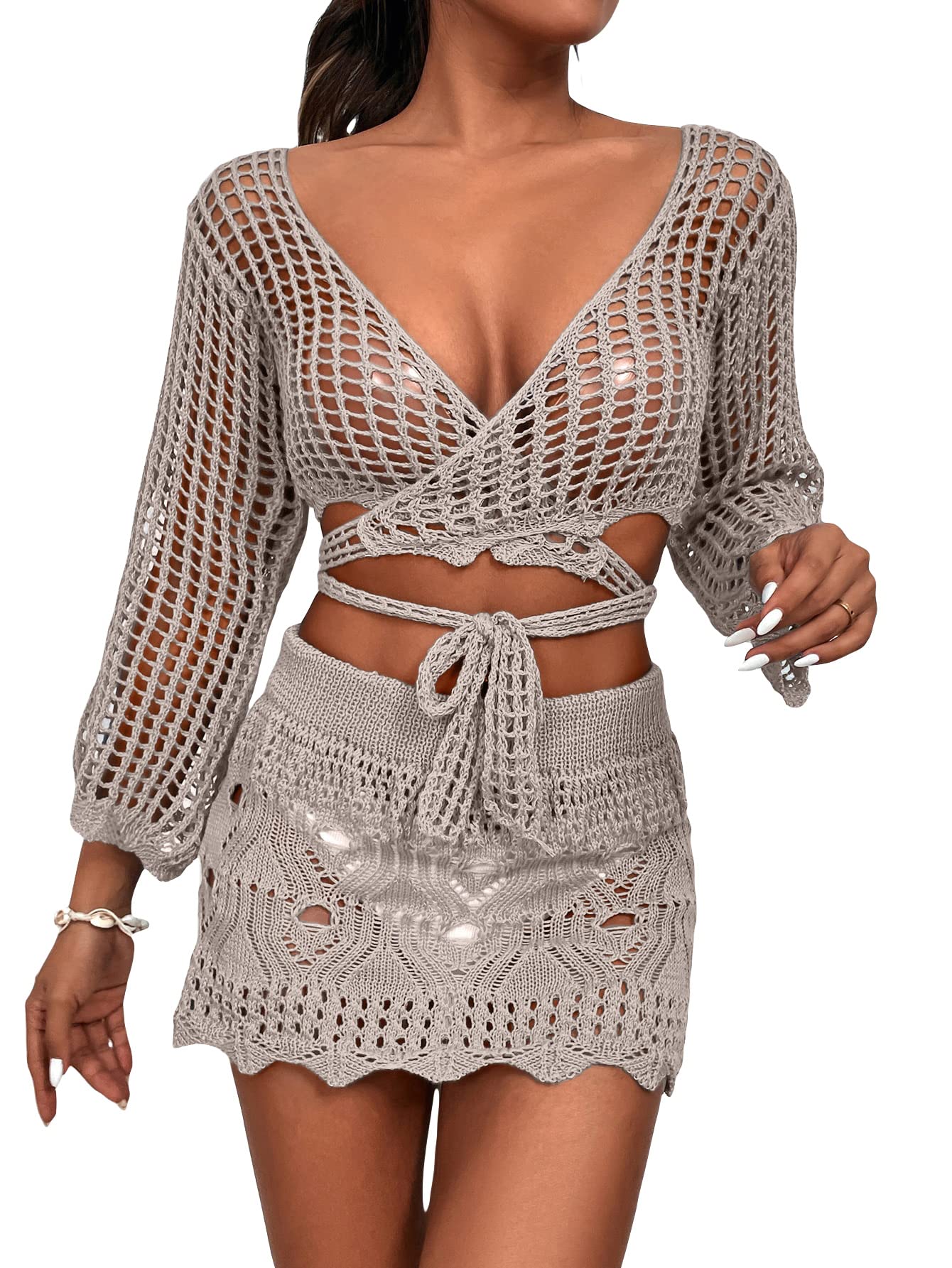 MakeMeChic Women's 2 Piece Crochet Hollow Out Swimsuit Cover Up & Beach Skirt Set - Stylish Swimwear Cover for Pool, Beach Vacation and Summer Outfits