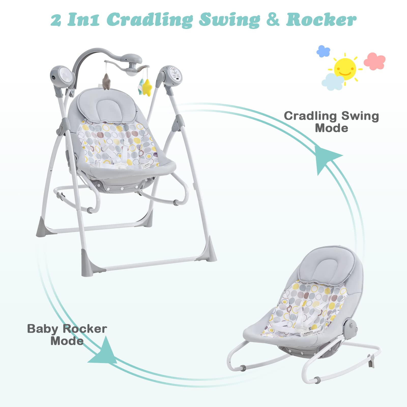 INFANS 2-in-1 Baby Swing and Bouncer for Newborns 0-6 Months - Portable Infant Rocker with 5 Speed Settings, Soothing Music, Timer, 3 Hanging Toys & Remote Control - Easy Fold Compact Electric Swing for Boys & Girls - Perfect for Nursery, Living Room & Travel
