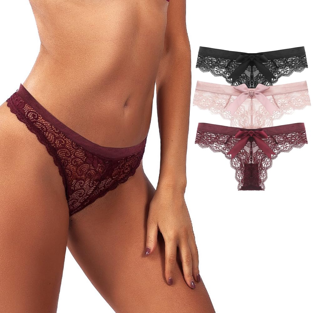 Sexy Women's Lace Thong Panties 3-Pack - T-Back Low Rise V-Shape Design with Floral Lace Trim, Breathable Underwear for Daily Wear & Special Occasions