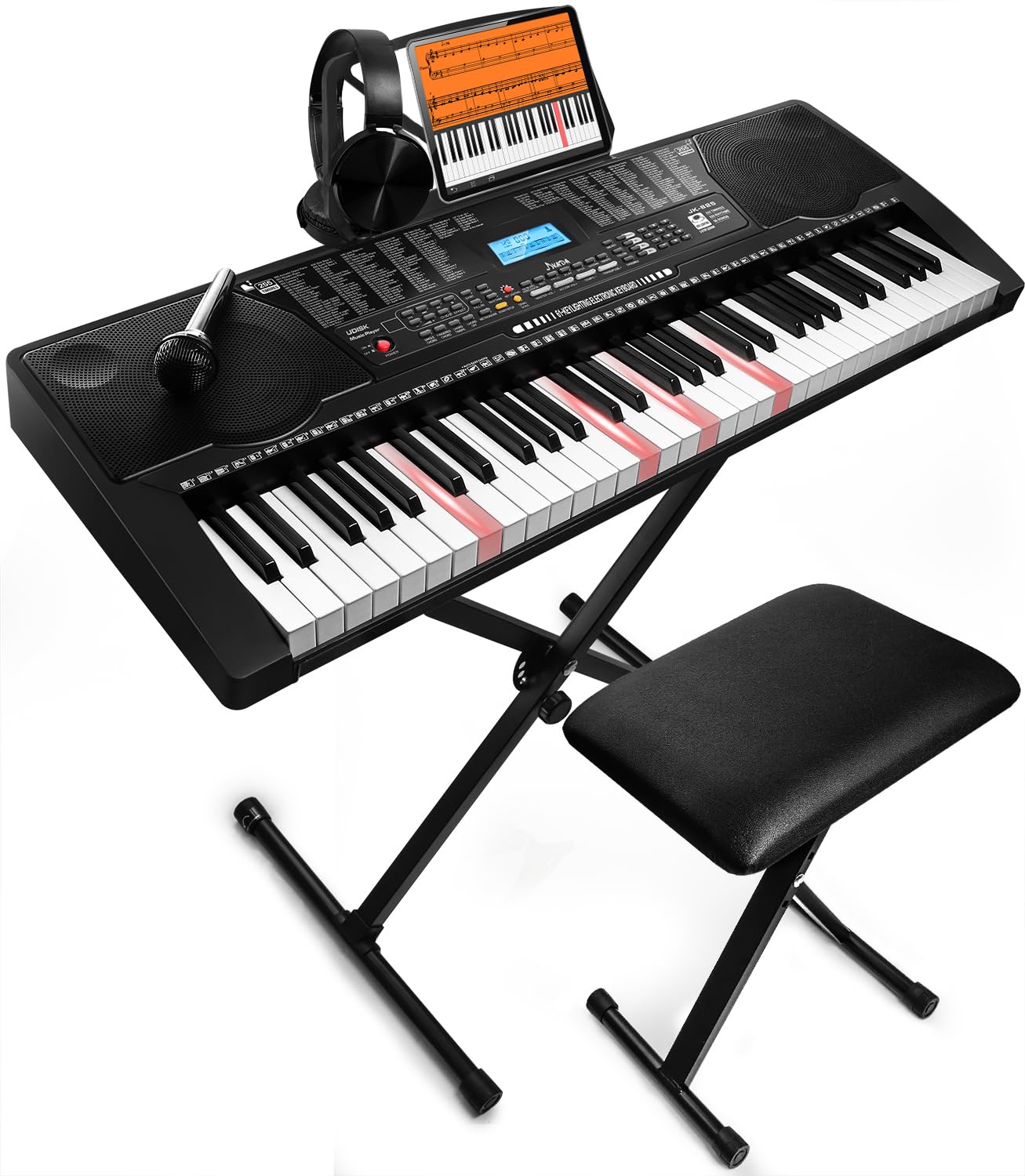 61-Key Portable Electronic Keyboard Piano with Lighted Full-Size Keys, LCD Display, Headphones & Complete Accessories - Perfect for Beginners, Home Practice & Music Lessons (Includes X-Stand, Stool, Music Rest, Mic & Teaching Modes)
