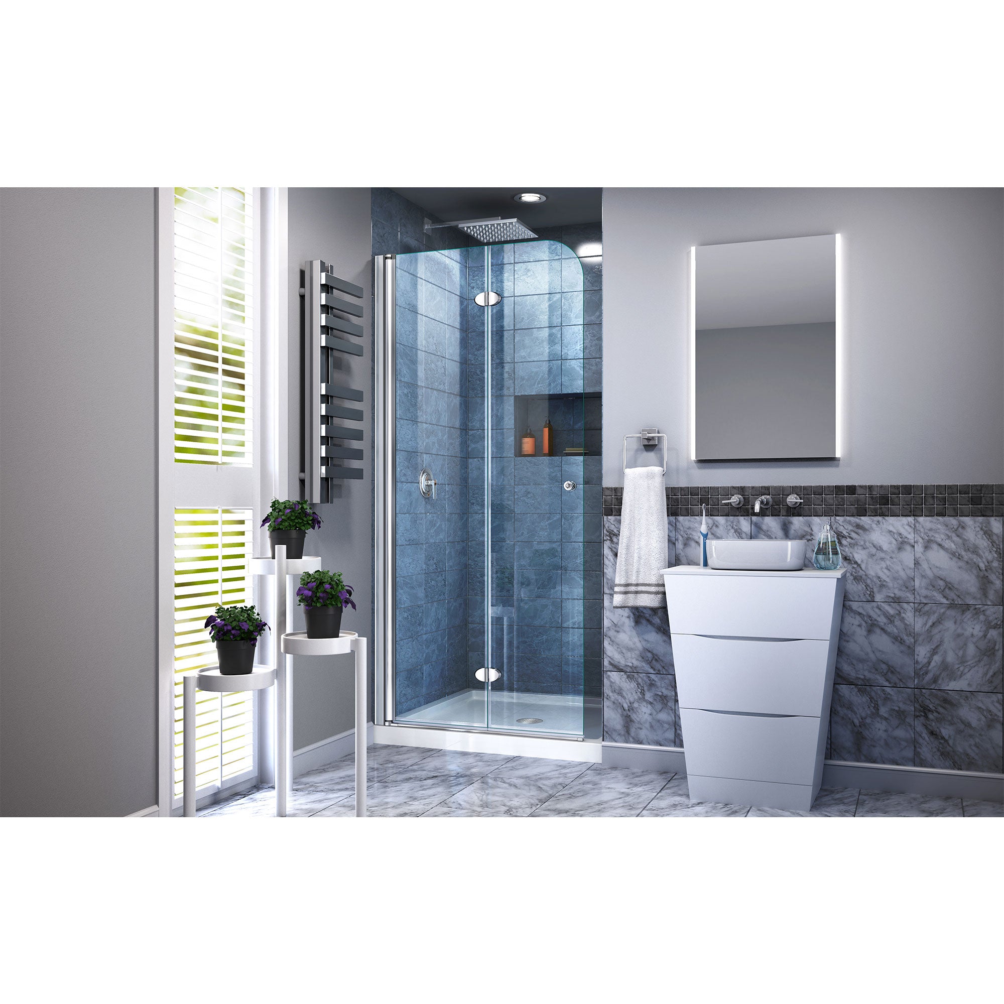 DreamLine Aqua Fold 36x36x74.75 Inch Frameless Bi-Fold Shower Door with SlimLine Base Kit - Perfect for Small Bathrooms & Space-Saving Bathroom Remodels