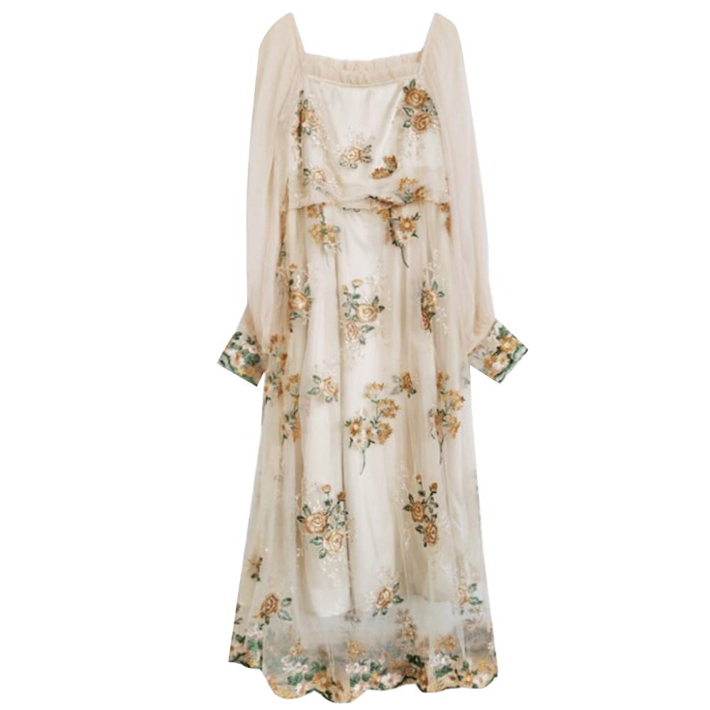 Elegant Women's Floral Lace Embroidery A-Line Tulle Dress with Puff Sleeves & Ruffle Hem - Perfect for Weddings, Parties & Fairy-Themed Events