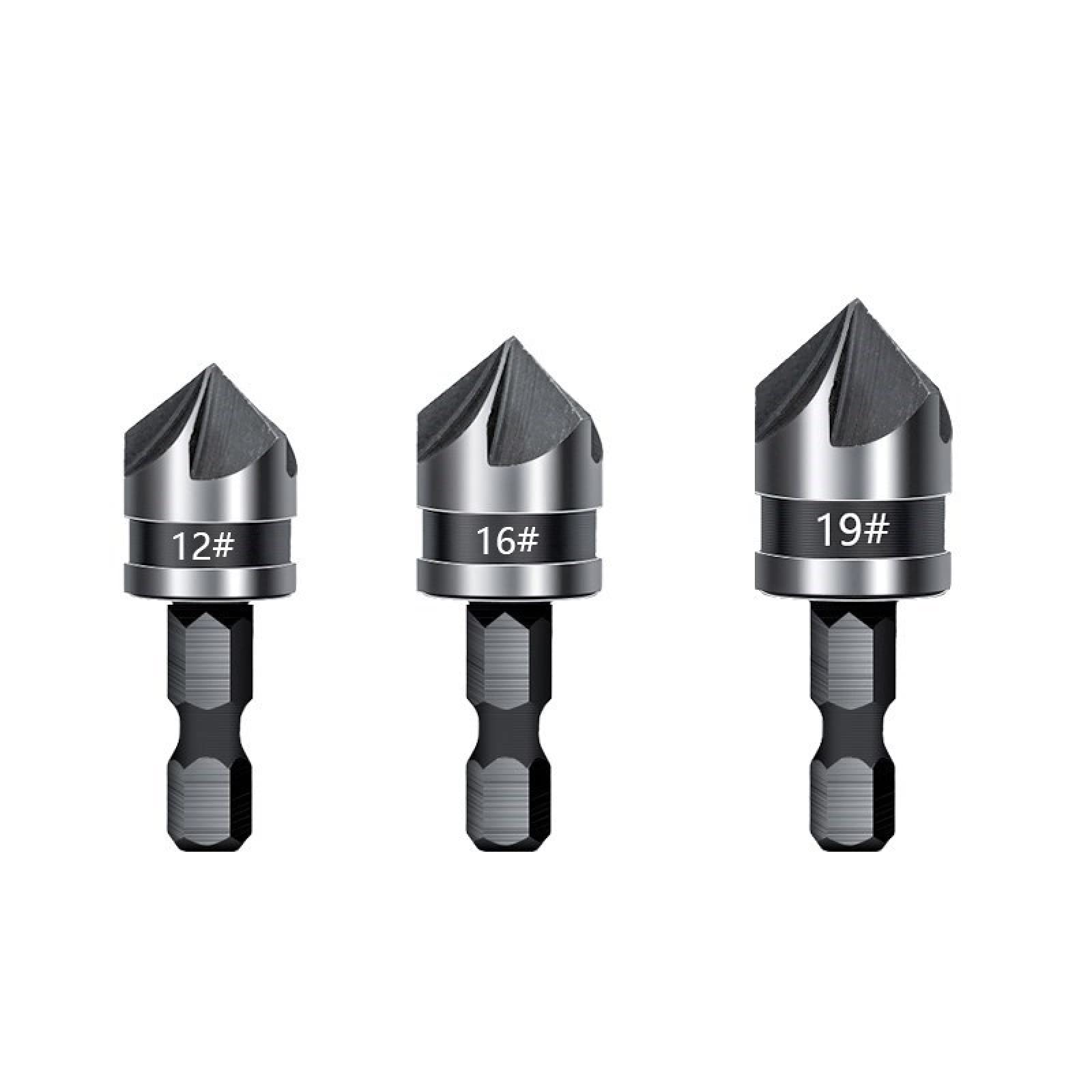 ALEYHA 3-Piece 5 Flute Chamfer Drill Bit Set - 12mm/16mm/19mm Woodworking Drill Bits with 82° Countersink & Hex Shank - Perfect for Cabinet Making, Furniture Assembly & DIY Wood Projects