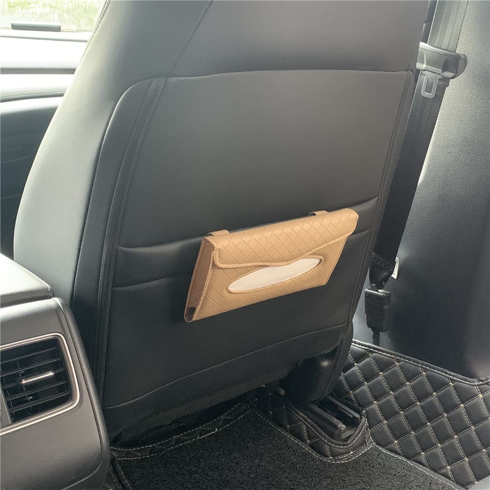 Premium PU Leather Car Visor Tissue Holder - Sun Visor Napkin Dispenser for Car & Truck (Beige) | Convenient Backseat Tissue Storage for Road Trips & Family Travel