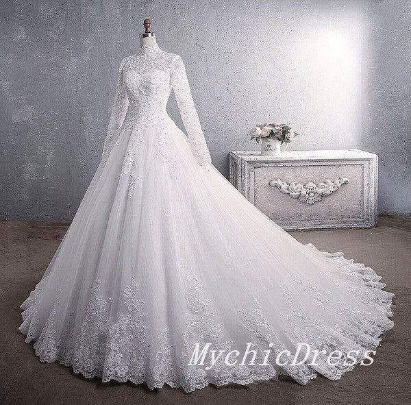 Elegant A-Line Lace Applique Long Sleeve High Neck Muslim Wedding Dress for Brides - Perfect for Islamic Ceremonies, Modest Formal Events & Special Occasions