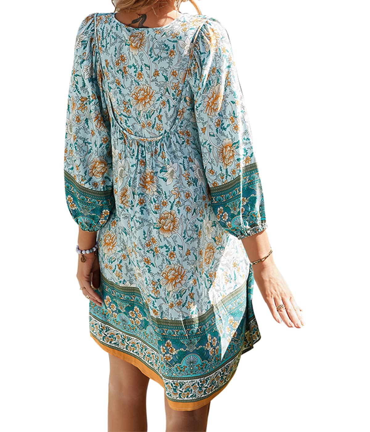 Floral Print V-Neck A-Line Mini Dress for Women - Long Sleeve Boho Summer Dress in Blue (X-Large) | Perfect for Spring Outings, Beach Vacations & Date Nights