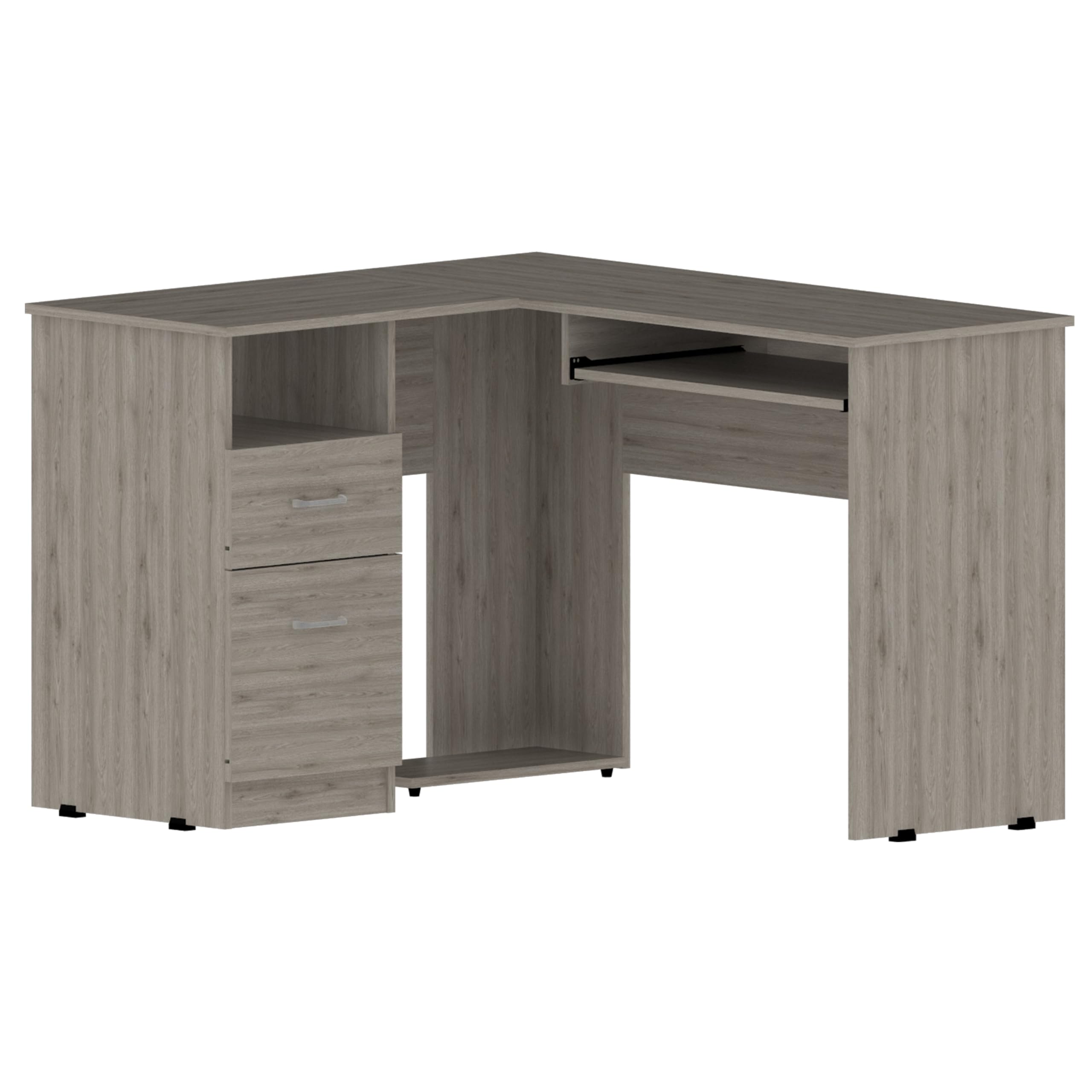 Tuhome L-Shaped Computer Desk with Keyboard Tray, 2 Storage Drawers & Open Shelf - Light Gray Home Office Workstation for Small Spaces | Study Desk for Students, Gaming Setup for PC Gamers