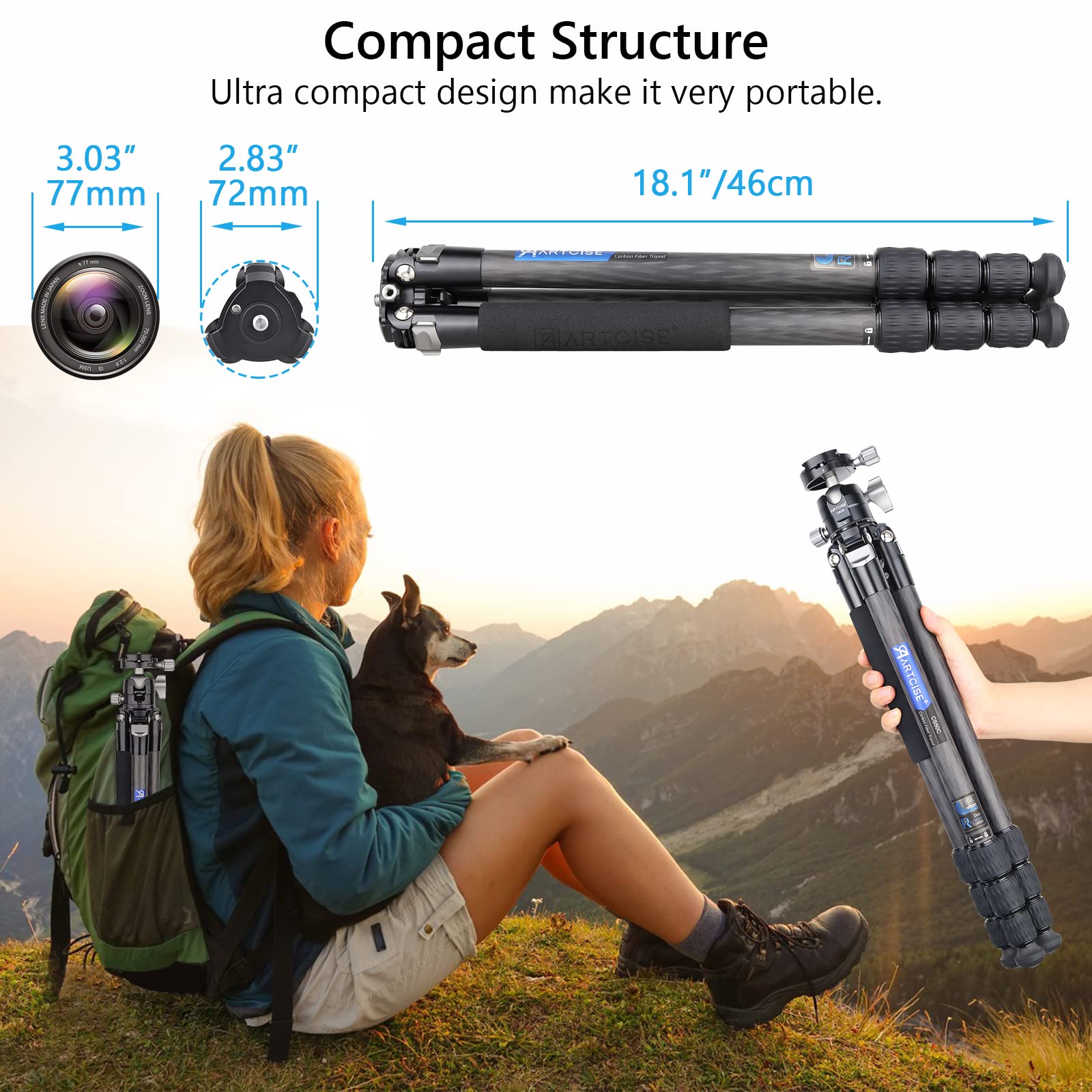 Compact 10-Layer Carbon Fiber Tripod with 35mm Low Profile Ball Head - Detachable Travel Monopod & Magic Arm + Phone Clip (15kg Max Load) - Perfect for Travel Photography, Vlogging & Outdoor Shooting