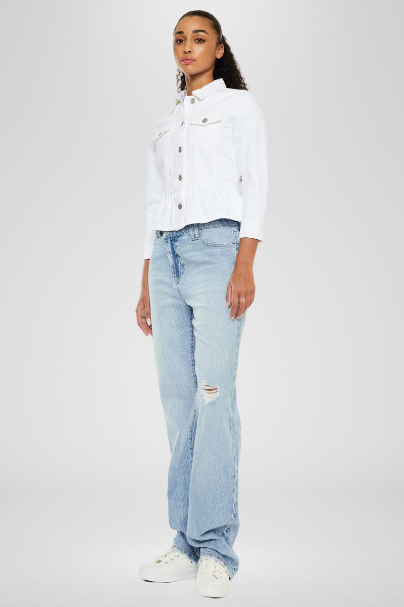 Marilou Peplum Denim Jacket for Women - Stylish Distressed Denim Coat with Ruffled Hem | Perfect for Casual Outings, Date Nights & Spring Layering