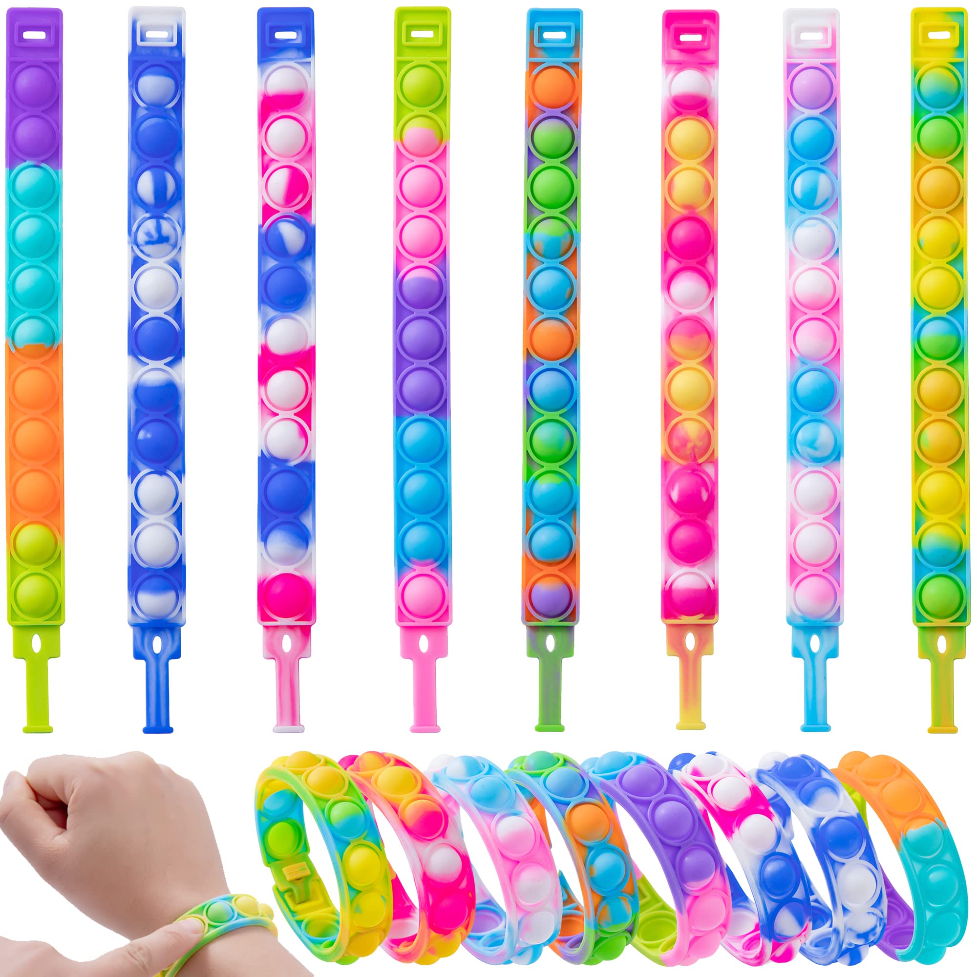 Pop Bubble Bracelet Fidget Toy - Wearable Multicolor Stress Relief Wristband for Kids & Adults, Durable Adjustable Sensory Bracelet for Anxiety Relief, Party Favors & Classroom Rewards (8-Pack, 2 Styles) - Perfect for Stress Relief, Focus Aid, and Sensory Play at Home, School or Office
