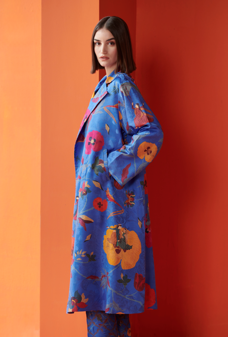Luxury Long Silk Damask Coat in Cobalt Blue - Elegant Formal Wear for Women's Evening Events & Special Occasions