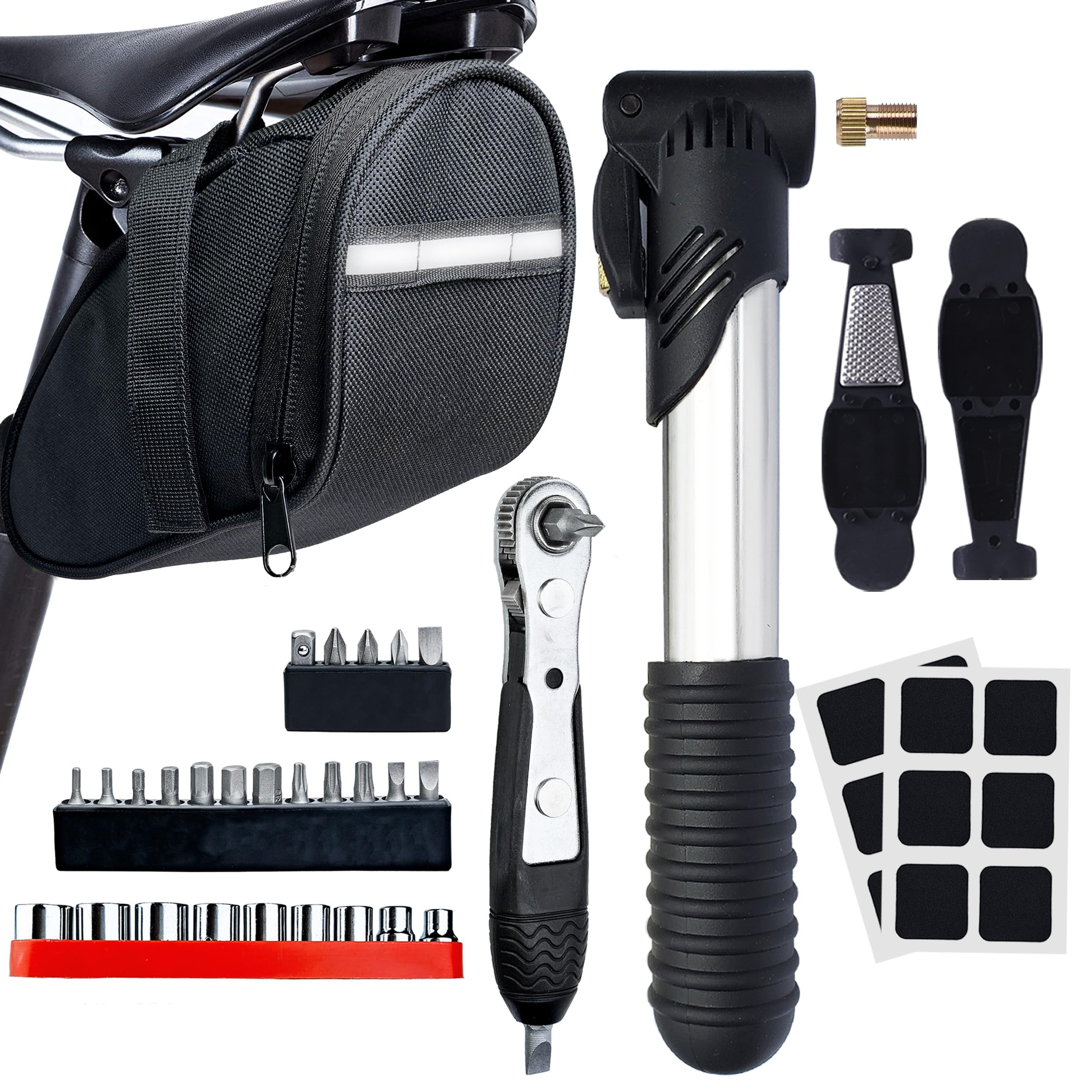 **26-in-1 Bike Repair Tool Kit with Mini Ratchet Wrench, Saddle Bag, Pump & Tire Levers – Complete Bicycle Multitool Set for Road & Mountain Bikes (MTB) – Perfect for On-the-Go Repairs & Maintenance**