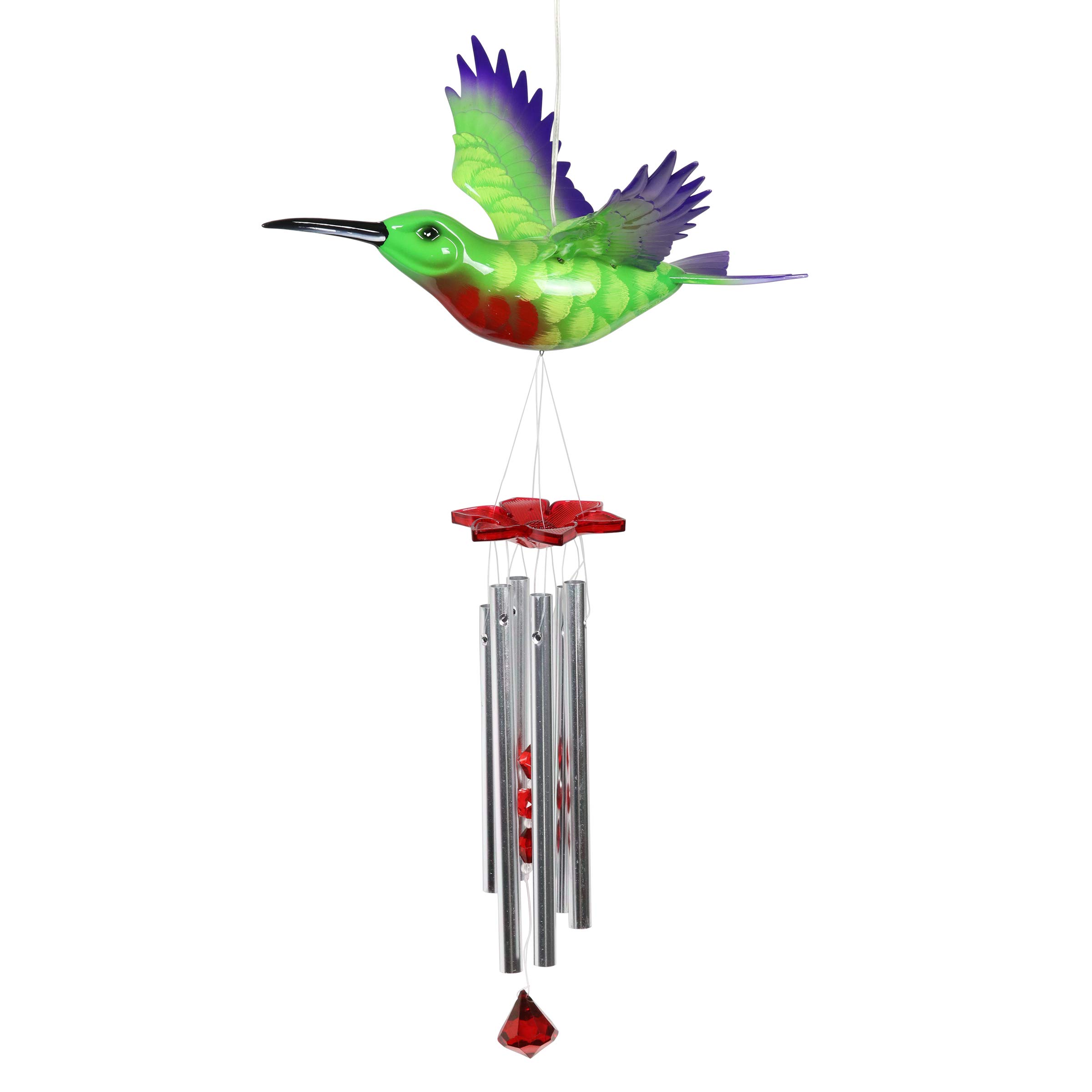 Solar-Powered Hummingbird Wind Chime with Fluttering Wings & 2 LED Lights - 13 x 11 x 43 Inch Outdoor Garden Decor for Patio, Yard, and Lawn - Exhart WindyWings Green Plastic Wind Chimes for Relaxing Ambience