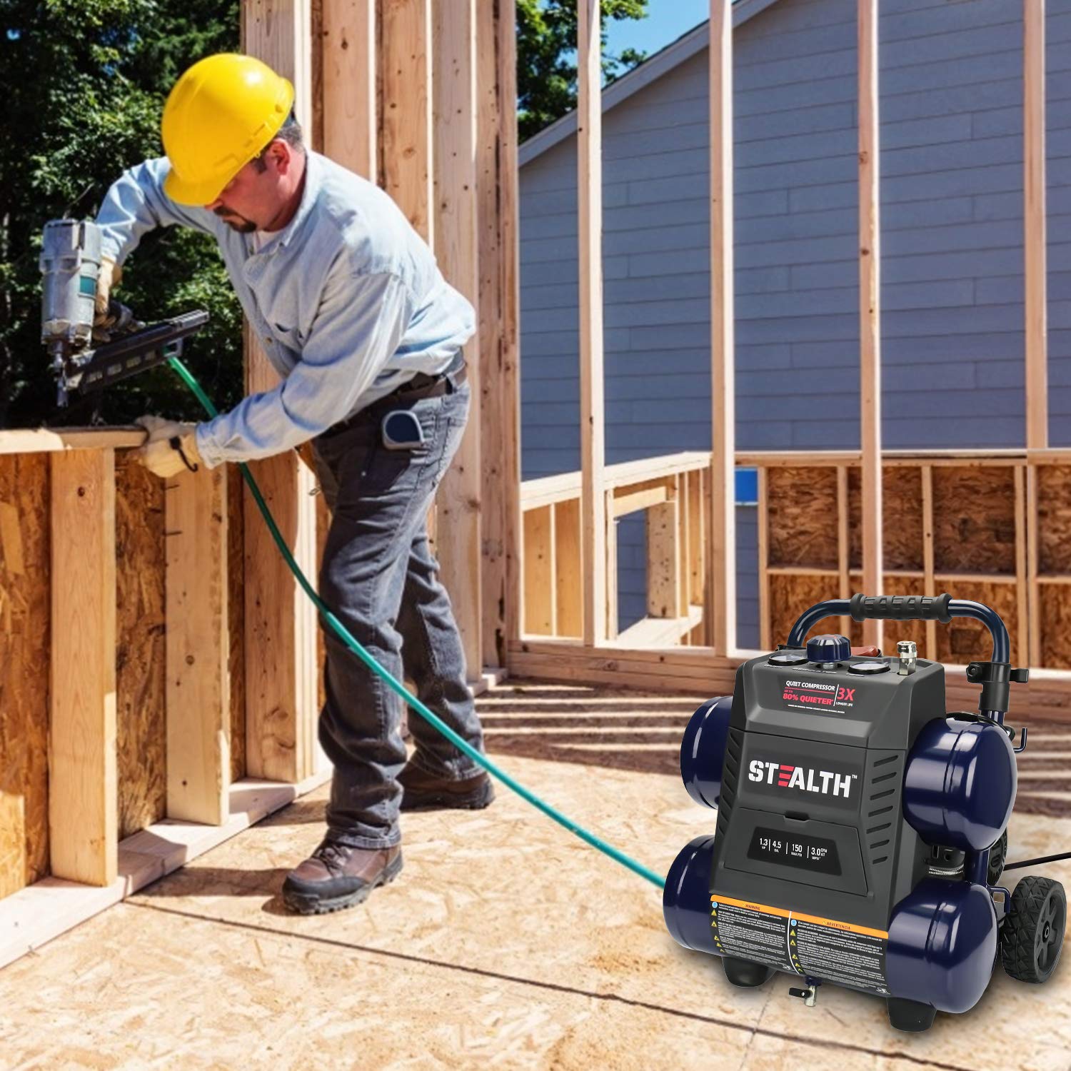 STEALTH Ultra Quiet Air Compressor - 64dB 4.5 Gallon 1.3HP Oil-Free Air Pump, 150 PSI Max, 3 CFM @ 90 PSI Portable Air Compressor with Wheels for Garage, Workshop, Construction Sites | Perfect for DIY Projects, Inflating Tires, and Powering Air Tools (Model SAQ-1413)