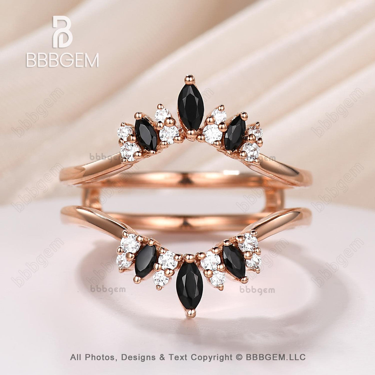 Marquise & Round Cut Black Onyx Diamond Chevron Wedding Band Ring Enhancer - Unique Rose Gold Curved Spinel Moissanite Bridal Jewelry for Engagement, Anniversary & Special Occasions