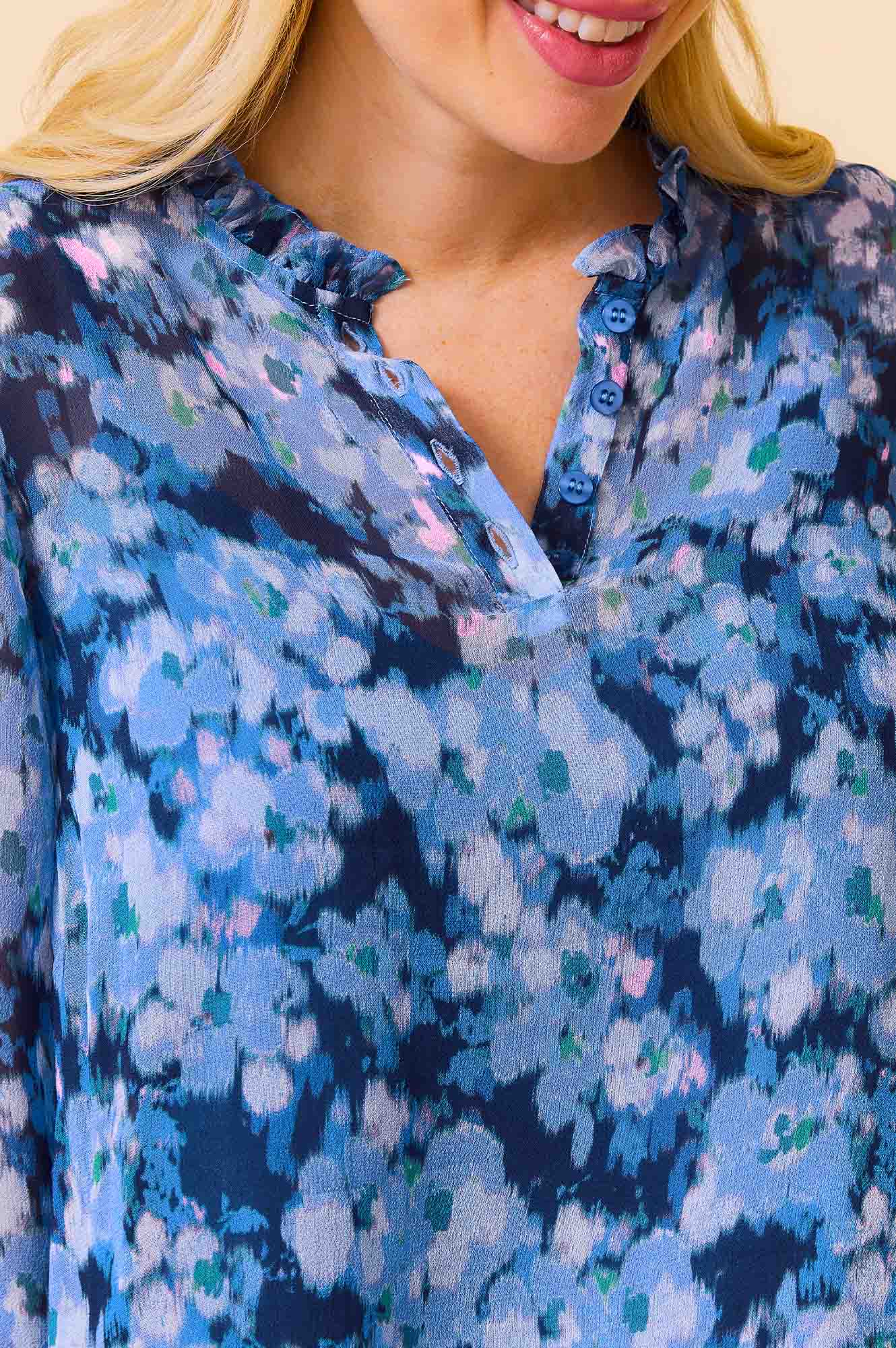 Noelle Blouse - Women's Floral Print Long Sleeve Shirt in Blue & Pink | Casual Office Wear & Spring Outfits