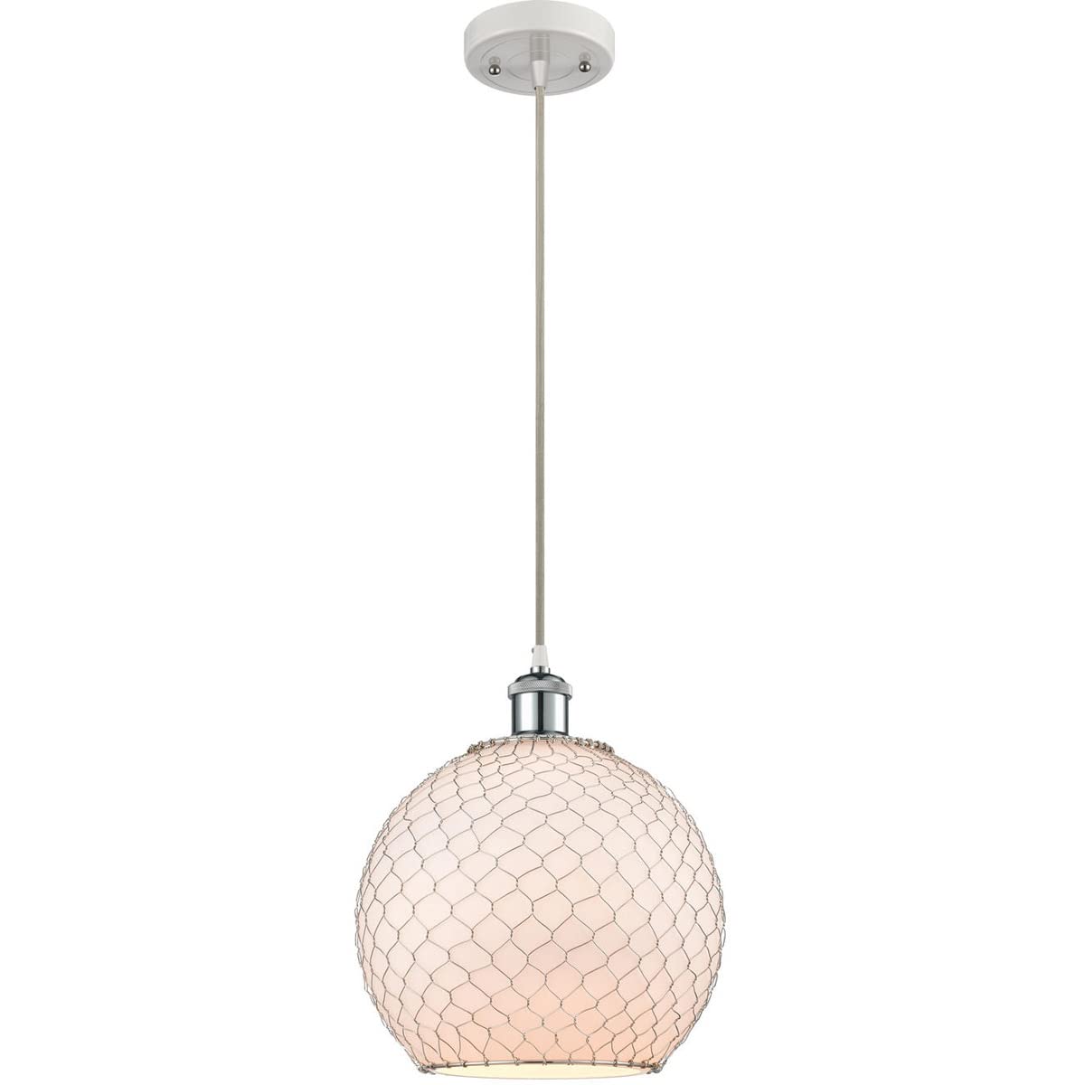Ballston Collection Farmhouse Chicken Wire Mini Pendant Light - 1-Light White & Polished Chrome for Kitchen Island, Dining Room, or Entryway Lighting