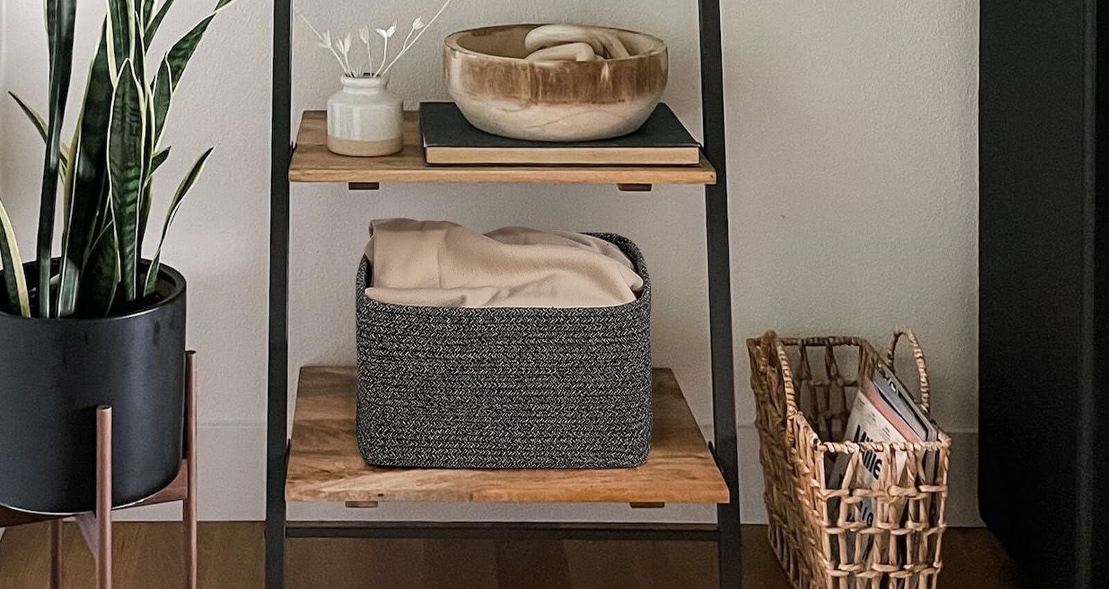 Square Woven Cotton Rope Storage Baskets - 2 Pack Black Cubes Shelf Organizer Bins for Closet, Living Room & Bathroom | Stylish Home Decor for Towels, Toys & Bedroom Essentials