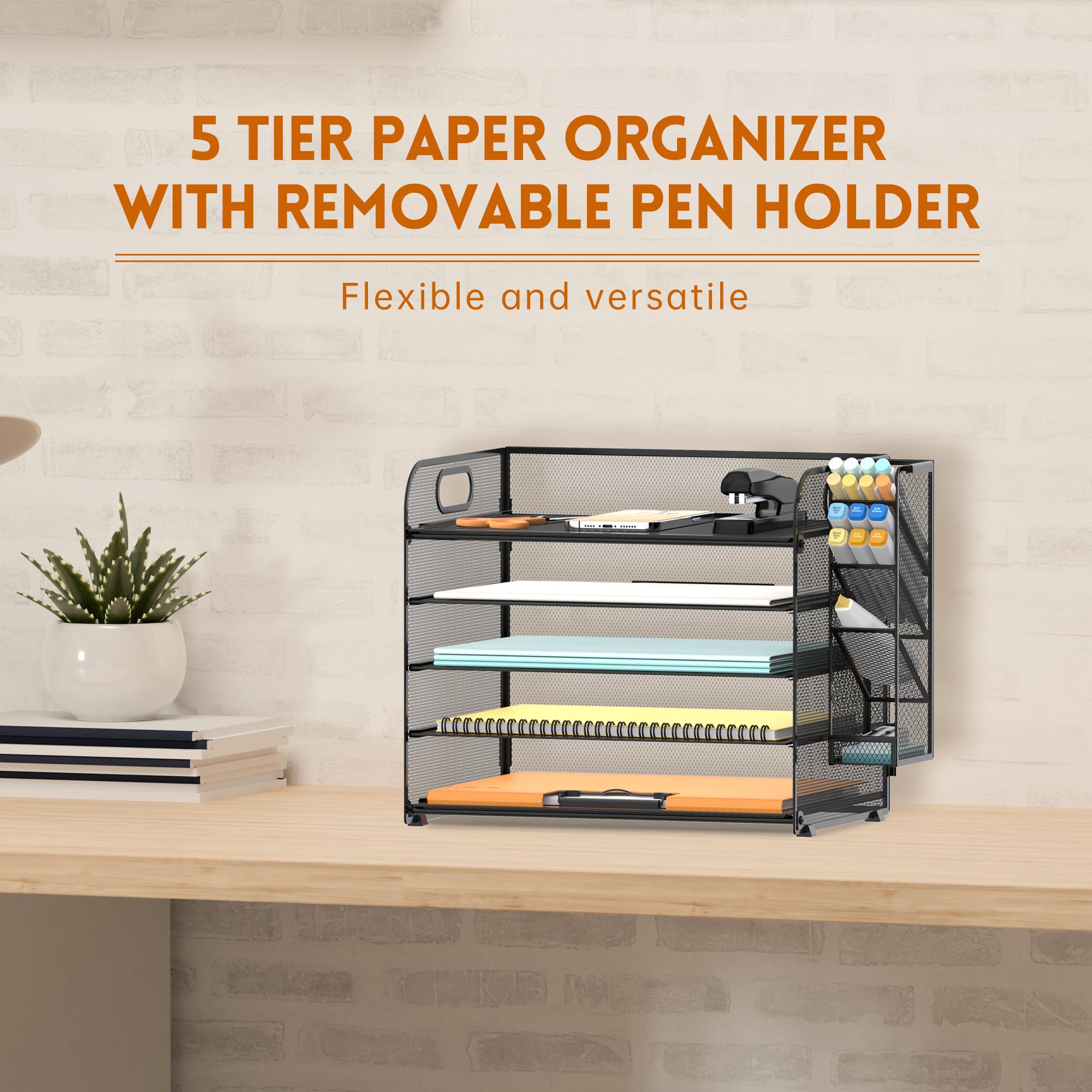 SUPEASY 5 Tier Mesh Desk Organizer with Handle - Removable Pen Holders, File & Paper Tray for Office Supplies - Black - Perfect for Home Office, School & Workspace Organization