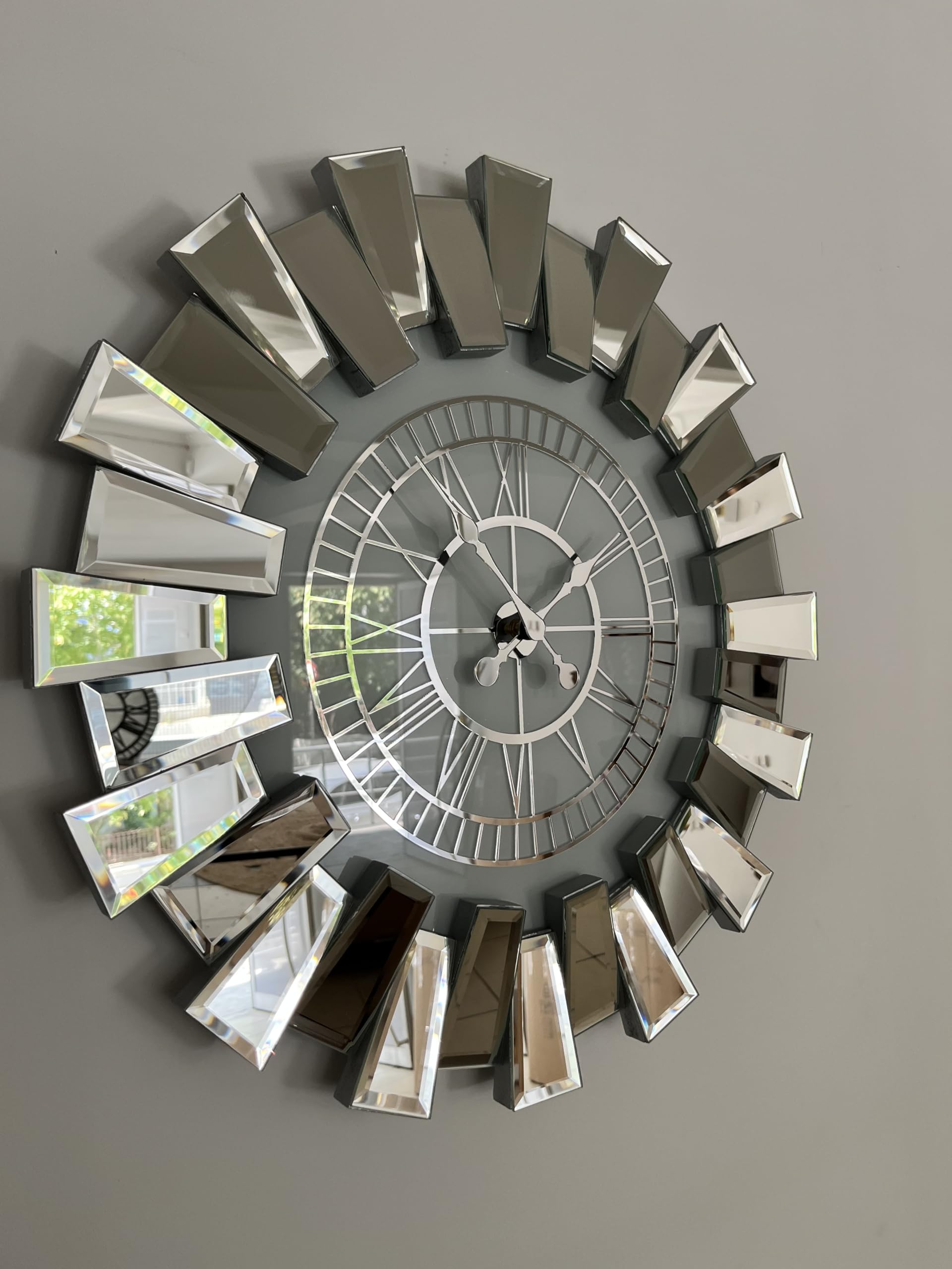 Large Silver Wall Clock for Home Decor - 23.6 Inch Modern Mirrored Silent Non-Ticking Clock - Perfect for Living Room, Bedroom & Kitchen Decor - Elegant Silver-White Finish (13 lbs)
