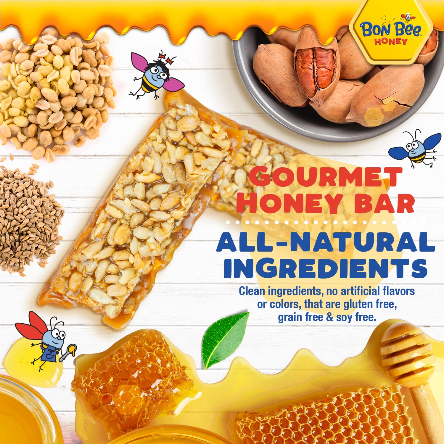BON BEE Honey Bars - Natural Energy Snacks for Breakfast & Hiking - 12 Pack