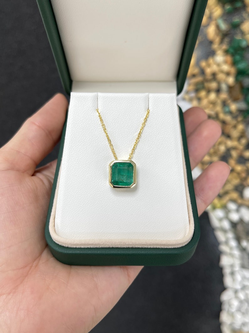 4.40ct 14K Gold Natural Asscher Cut Medium Dark Green Emerald Solitaire Pendant Necklace for Women - Elegant Jewelry Gift for Birthday, Anniversary & Special Occasions