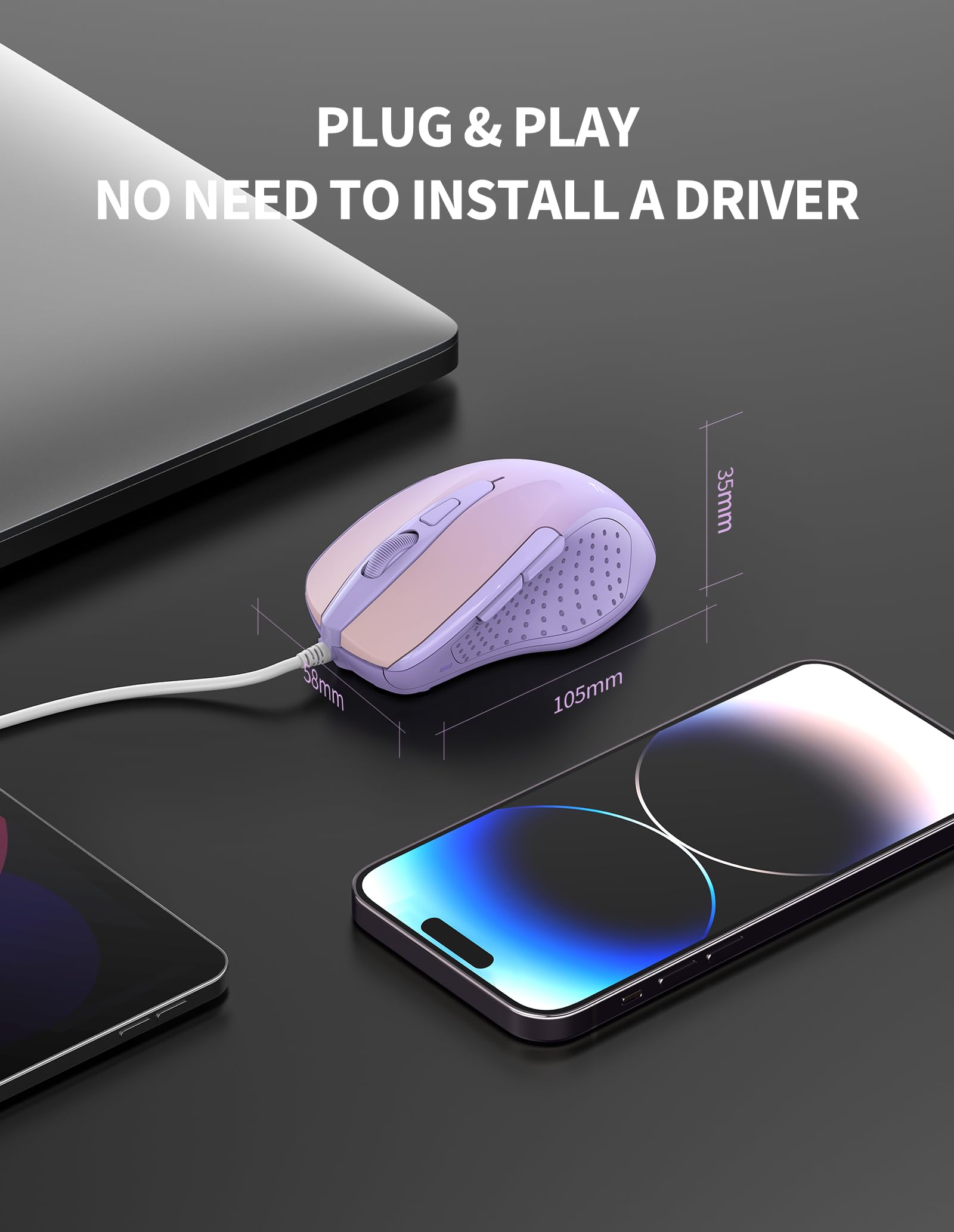 TECKNET USB Wired Mouse - 6-Button Ergonomic Optical Mouse with 4 Adjustable DPI (800/1200/1600/2400), 5FT Cord for Laptop, PC, Mac, Chromebook - Comfortable Computer Mouse for Office Work, Gaming & Home Use - Gradient Lavender