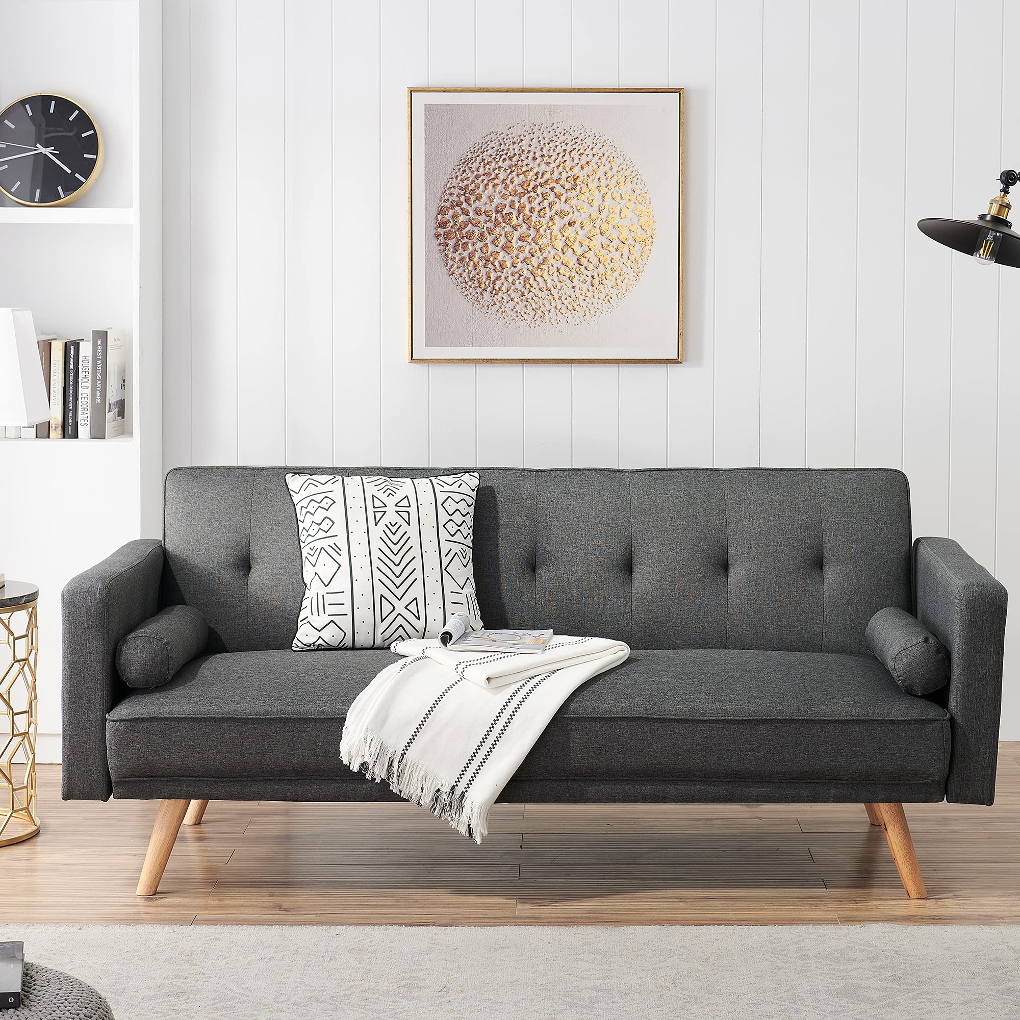 Mid Century Convertible Couch Sofa Bed - Foldable Fabric Futon with Tufted Back, Straight Armrest & Sturdy Wooden Legs - Dark Gray Cotton Sofa for Living Room, Bedroom, Guest Room & Small Spaces - Perfect for Apartments, Dorms & Home Offices