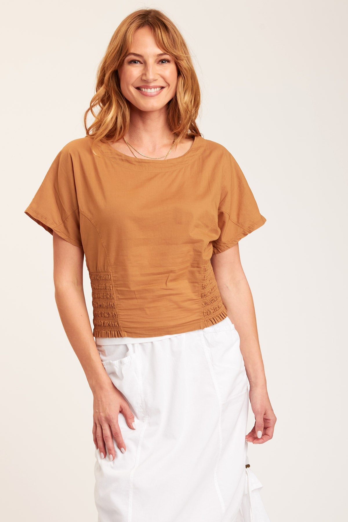 Vivi Top Terra Cotta Women's Fashion Blouse - Elegant Short Sleeve T-Shirt for Casual Wear, Work & Date Night | Soft Breathable Fabric | Trendy Earth Tone Style