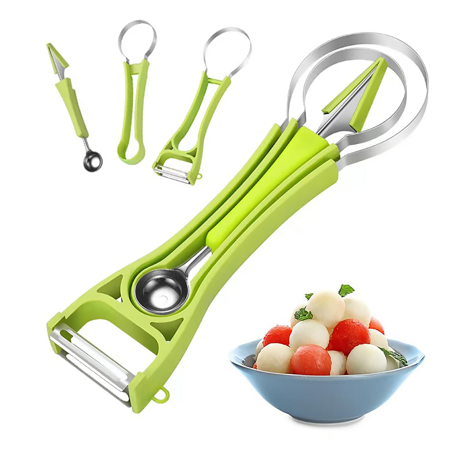 5-in-1 Stainless Steel Melon Baller Scooper Set - Watermelon Cutter, Fruit Carving Tools, Vegetable Peeler & Seed Remover - Perfect for Ice Cream Scooping, Fruit Salad Prep & Party Food Decor (Green)