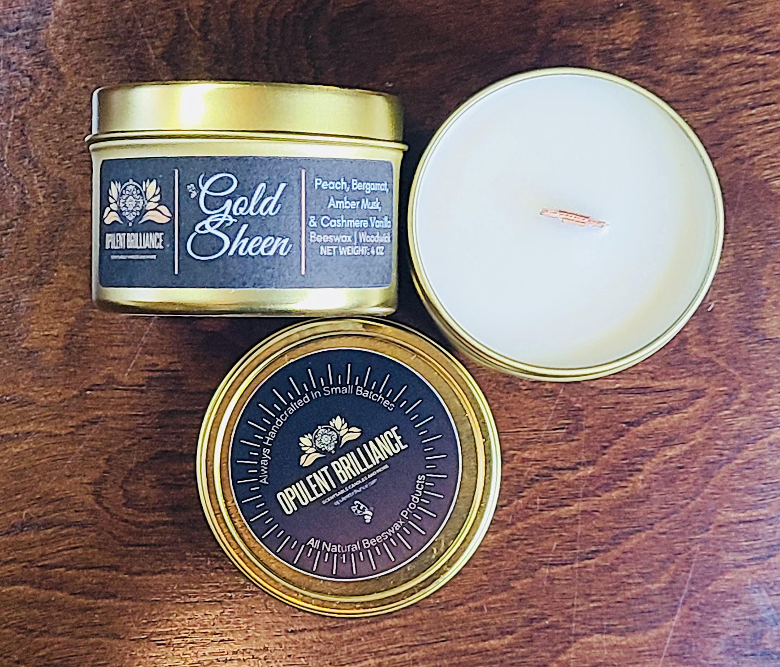 Organic Beeswax Woodwick Candle - Vanilla, Peach & Bergamot Scent | Gold Sheen Aromatherapy Candle | 4 oz Luxury Scented Candle for Home Relaxation, Spa & Romantic Ambiance